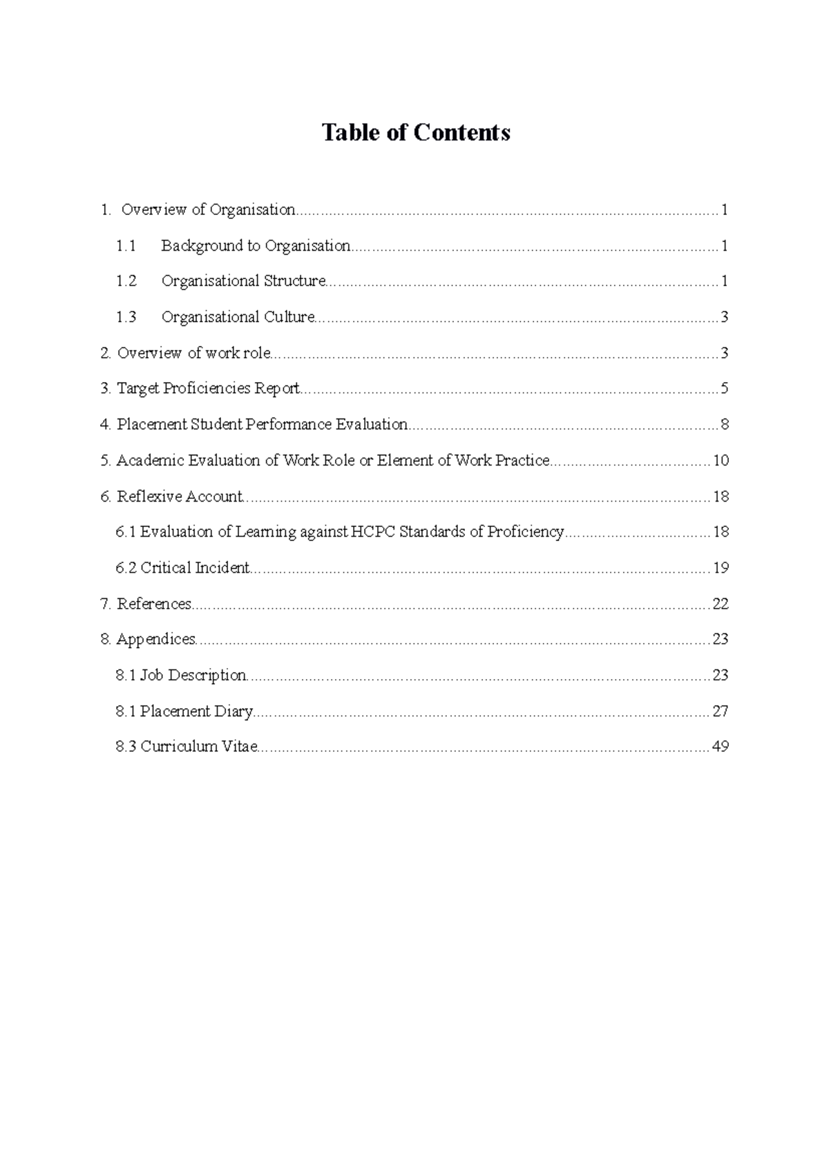 Placement Portfolio Example - Psychology - Table Of Contents 1 