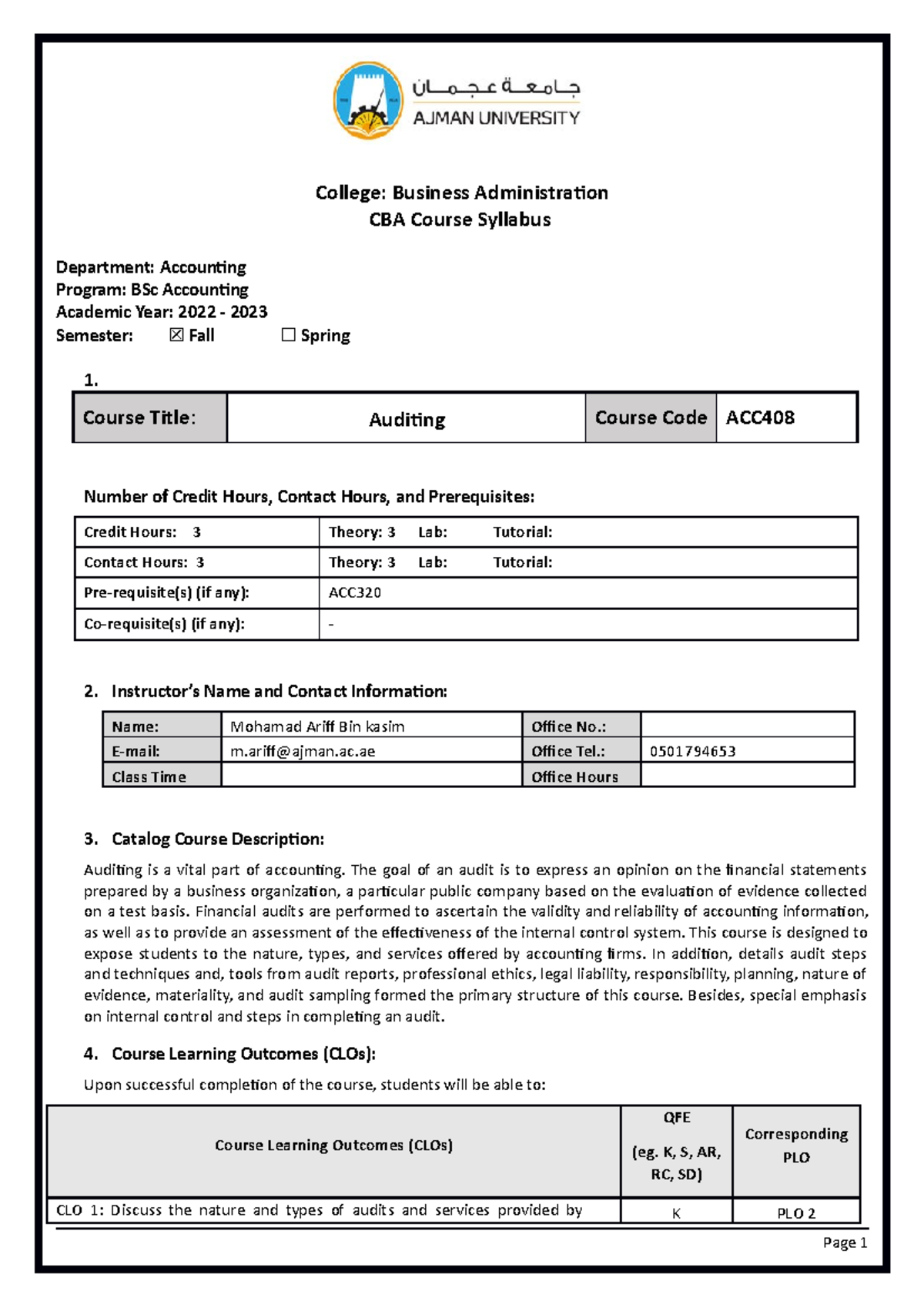 ACC323 - Auditing - Syllabus - 2022-2023 - College: Business ...