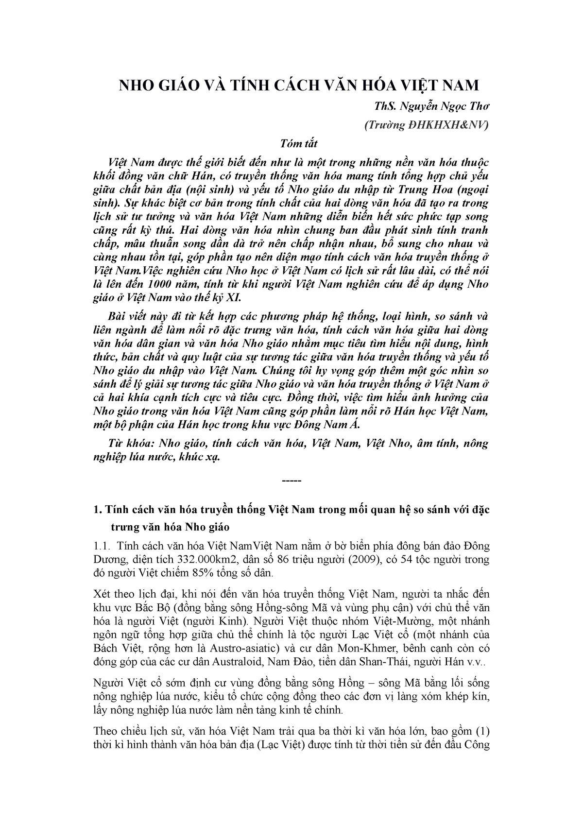 NHO GIÁO VÀ TÍNH CÁCH VĂN HÓA VIỆT NAM - Nguyễn Ngọc Thơ (Trường ĐHKHXH&NV) Tóm tắt Việt Nam - Studocu