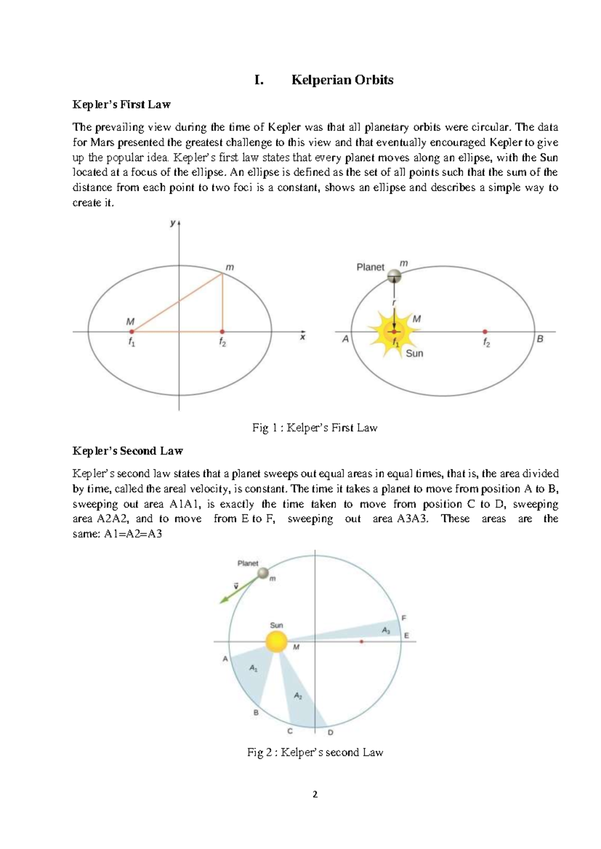 Kelperian Orbits notes - Kepler’s First Law I. Kelperian Orbits The ...