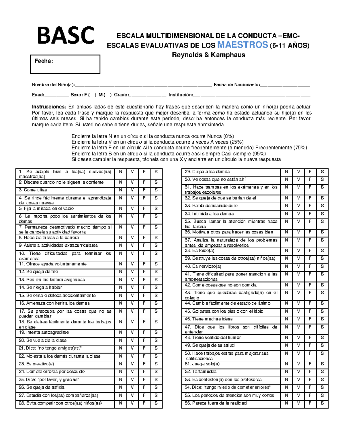 Basc Escalas Evaluativas Basc A Aa Os Escala Multidimensional