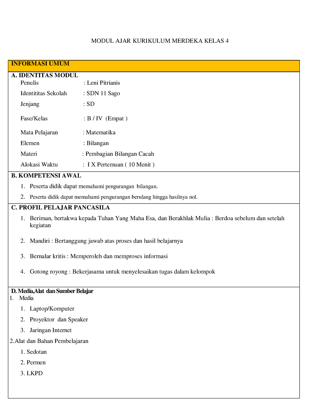 Modul Ajar Matematika - Pembagian Bilangan Cacah - Fase B-1 - MODUL ...