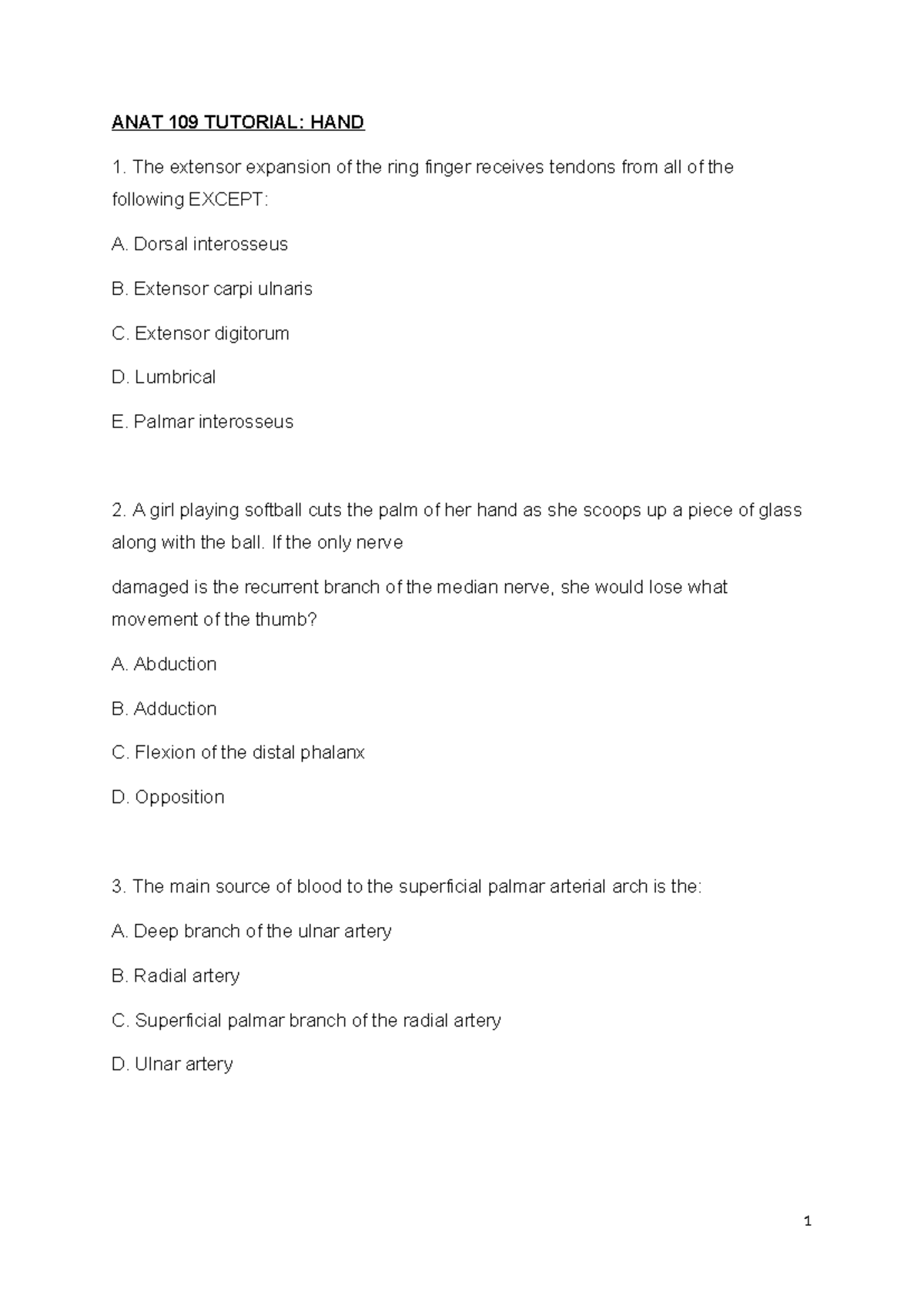 ANAT 109 Tutorial HAND - Muscles and bones of the hand. - ANAT 109 ...