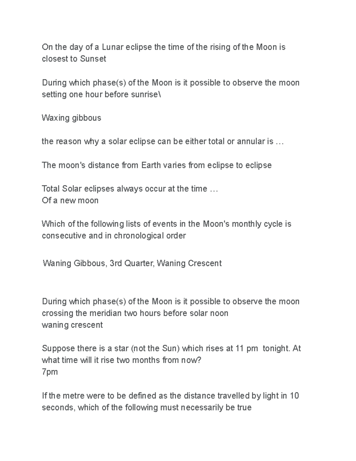 unit one note 1 - On the day of a Lunar eclipse the time of the rising ...
