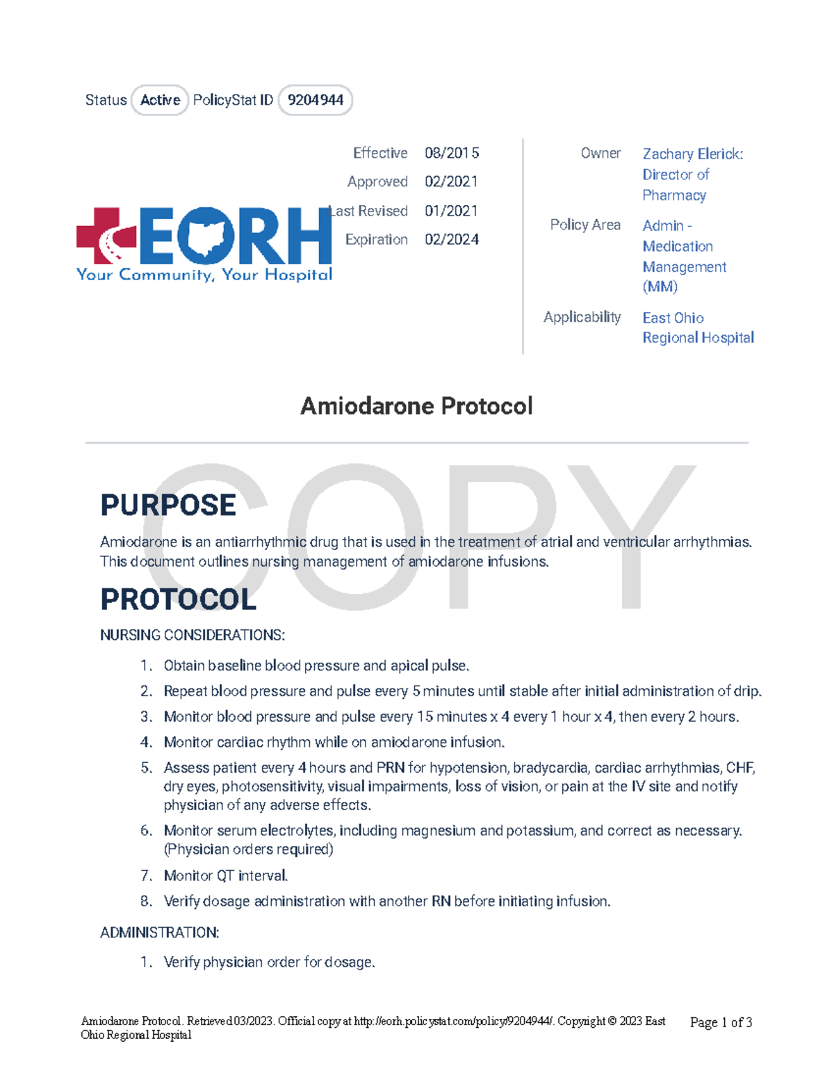 Amiodarone Protocol - COPY Status Active PolicyStat ID 9204944 ...