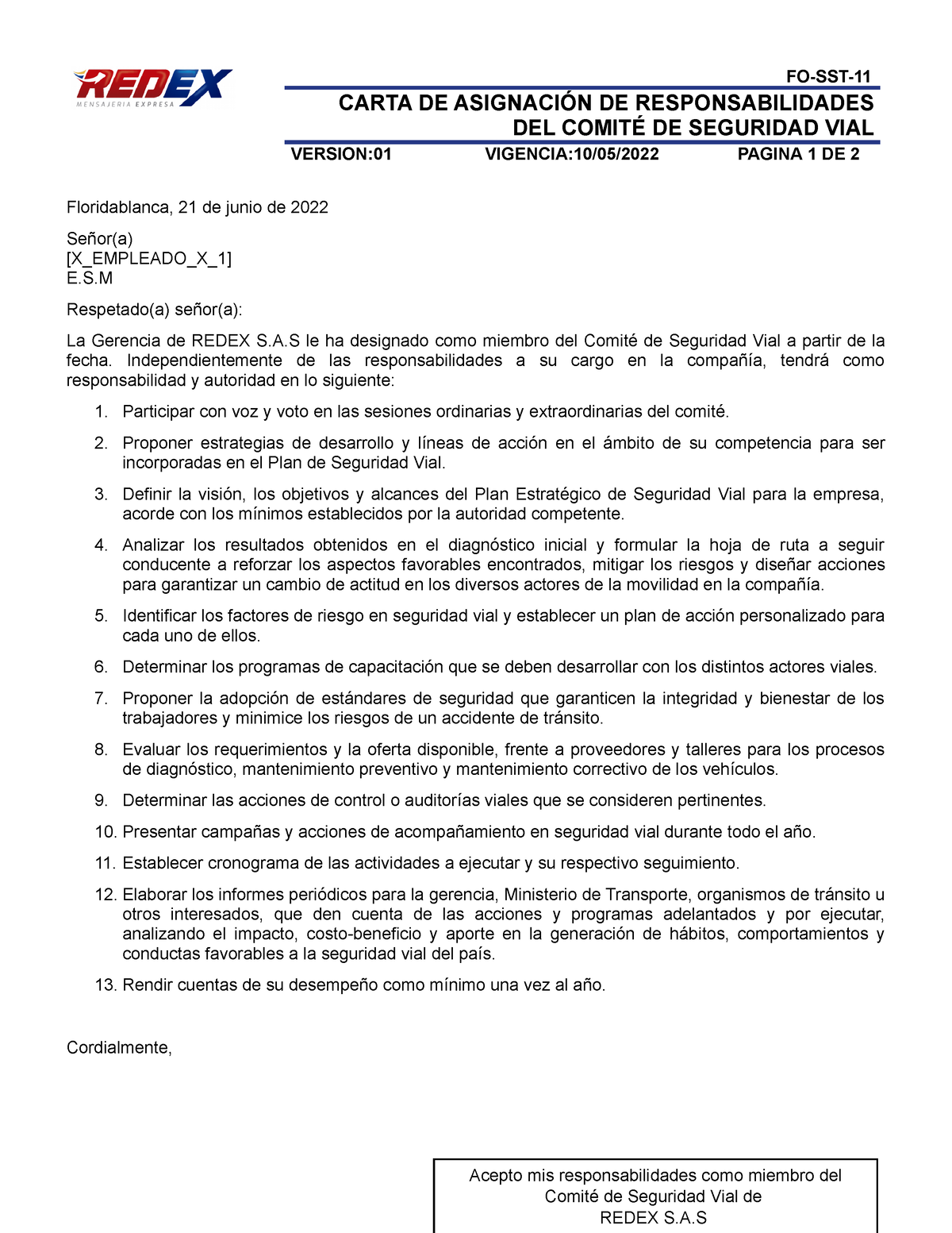 Fo Sst 11 Carta De Asignación De Responsabilidades De Comete Seguridad