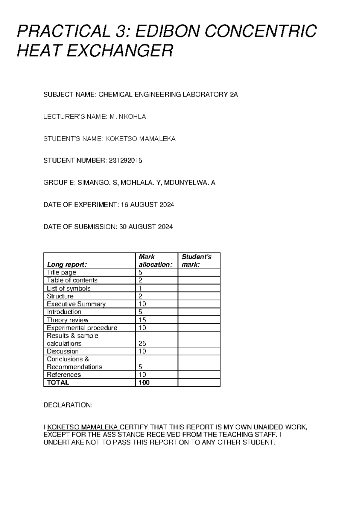 Lab report 30 August 2024 - SUBJECT NAME: CHEMICAL ENGINEERING ...