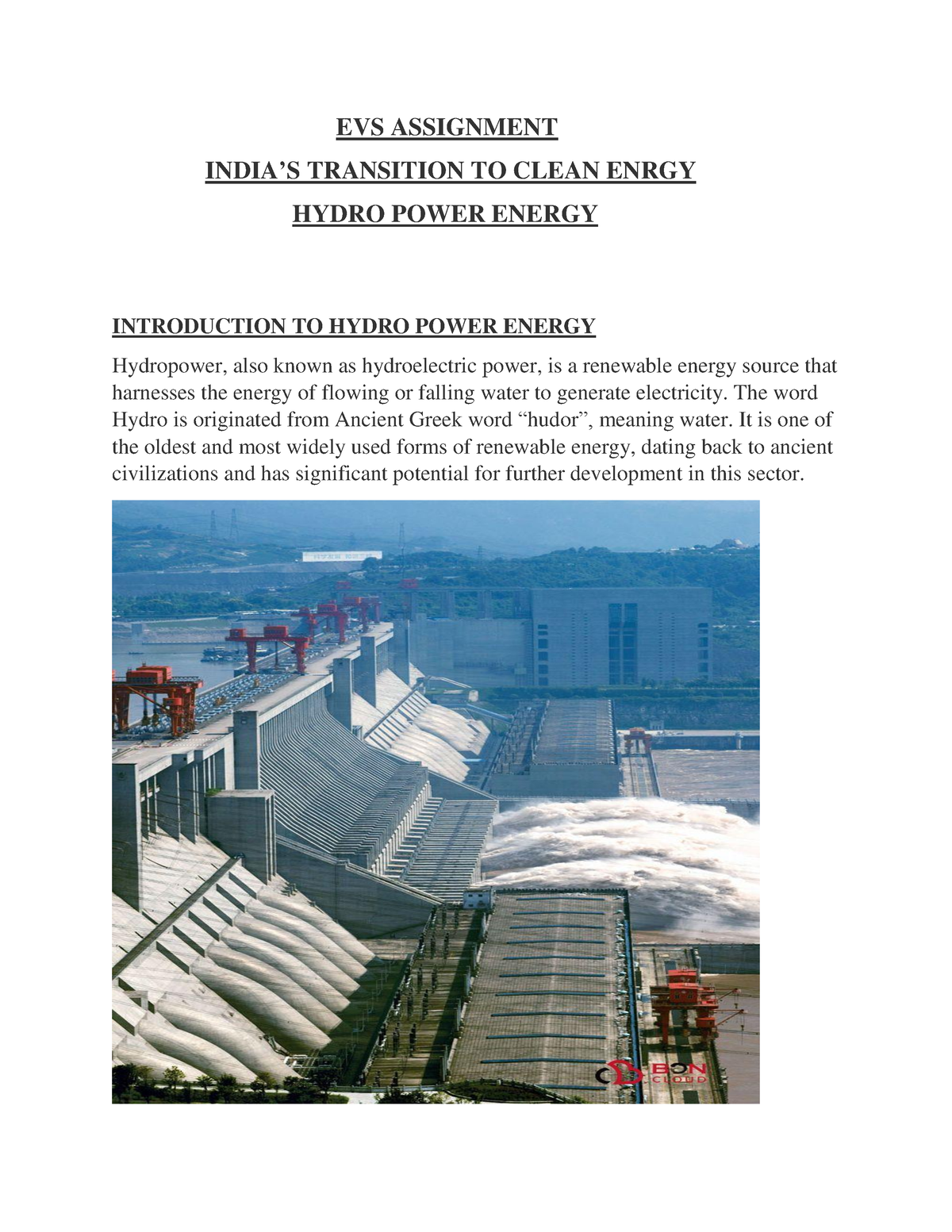 Hydropower EVS Assignment - EVS ASSIGNMENT INDIA’S TRANSITION TO CLEAN ...