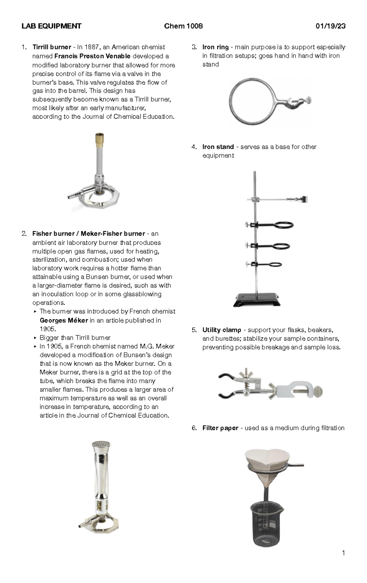 Chemistry Lab Equipment LAB EQUIPMENT Chem 1008 01/19/ Tirrill burner