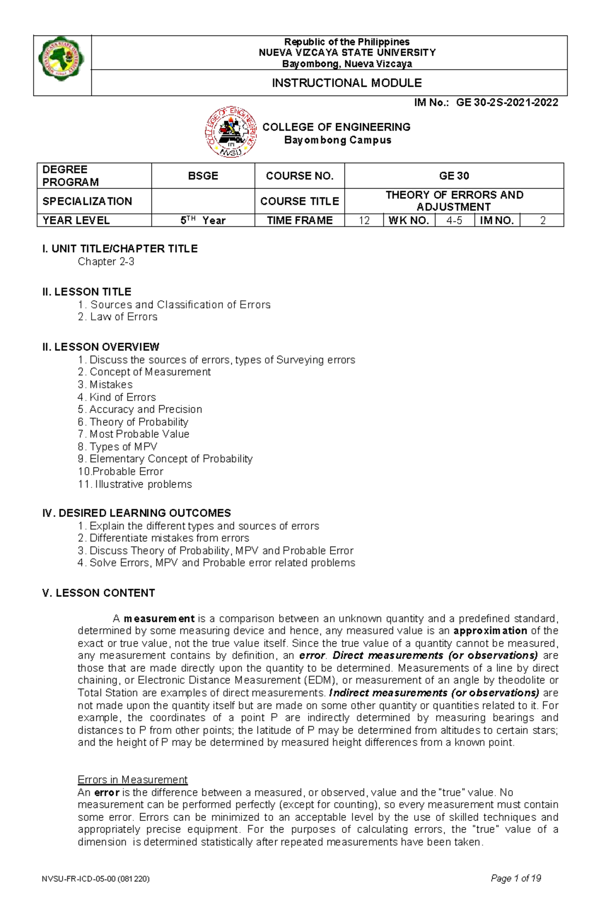 Module 2- Sources And Classification Of Errors - Nueva Vizcaya State 