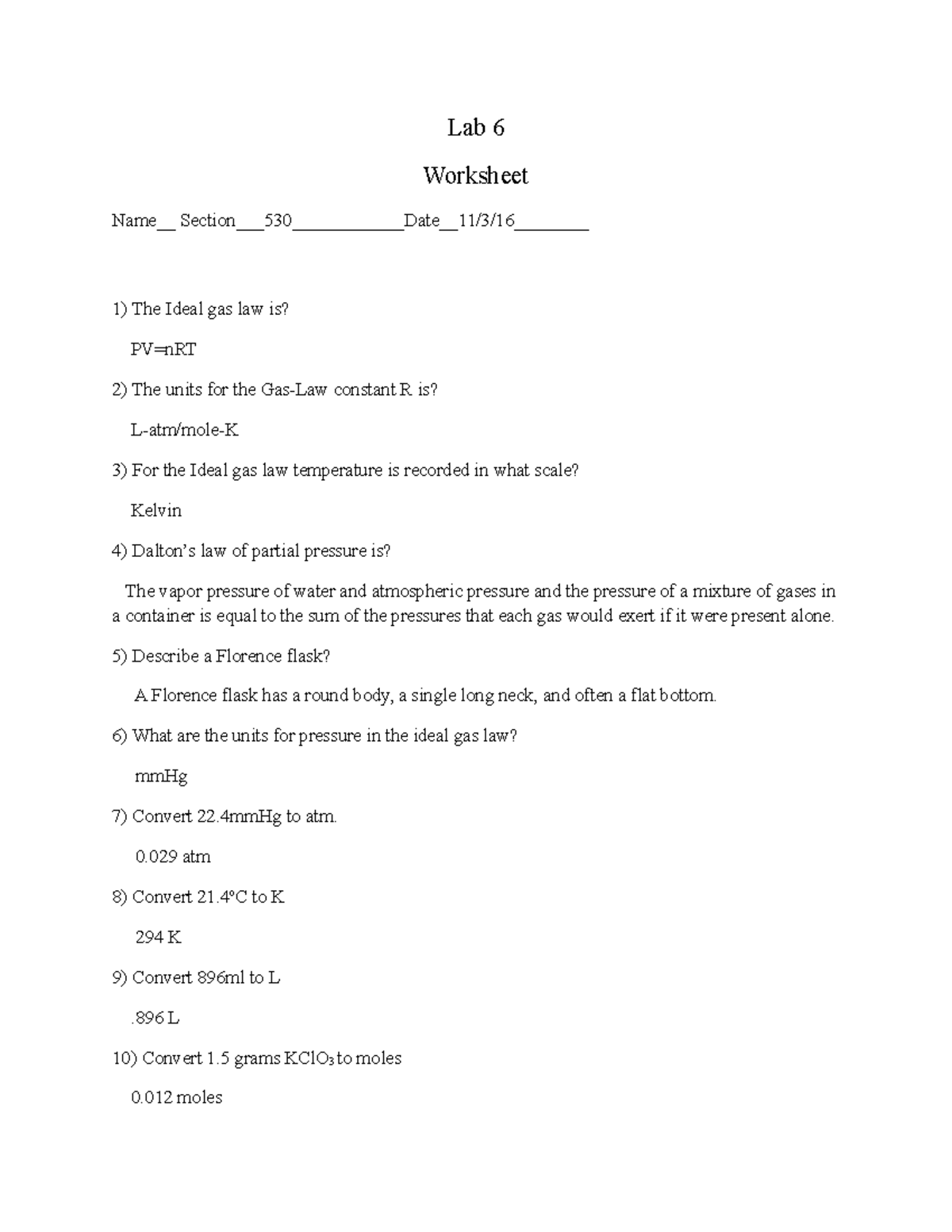 Worksheet Lab 6 Lab 6 Worksheet Name__ Section___530____________Date
