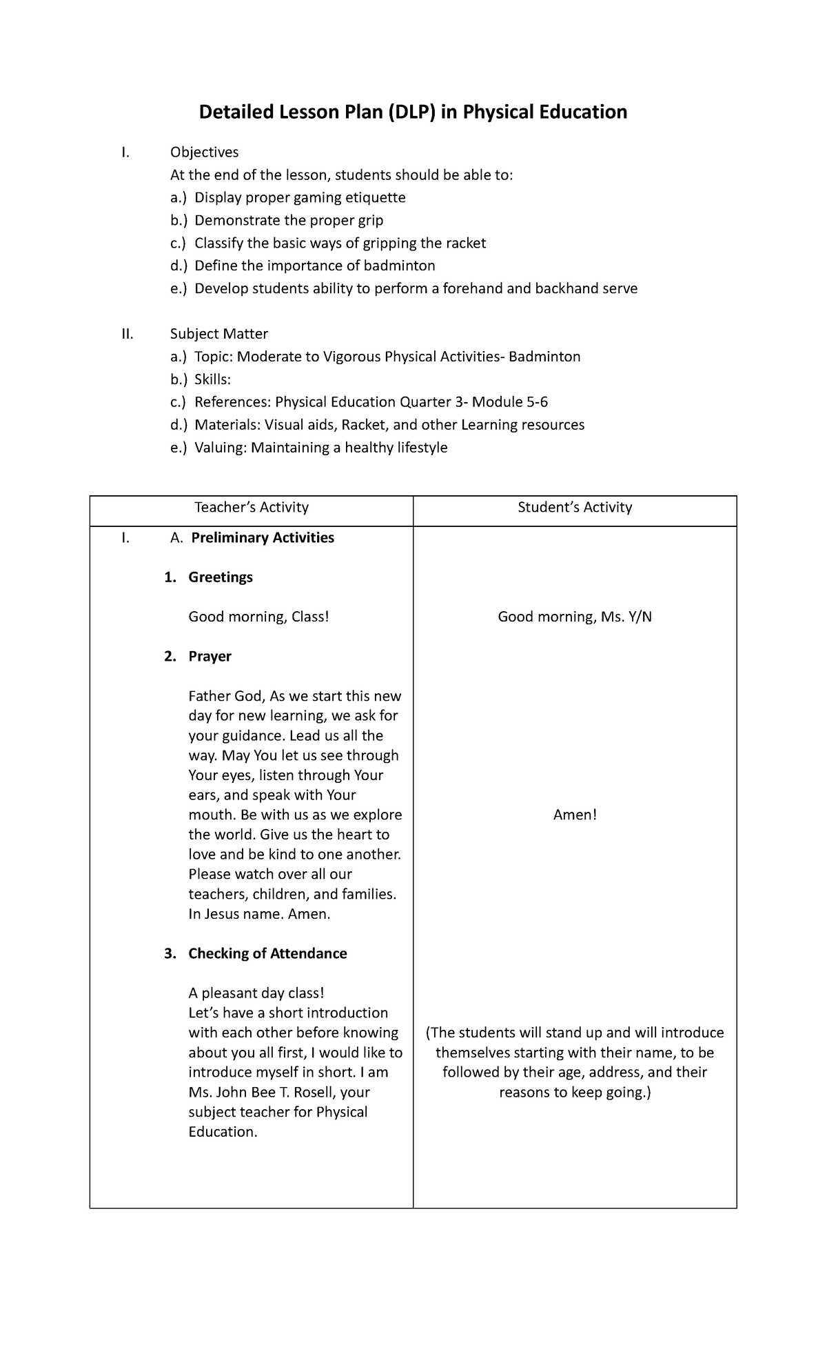 Detailed Lesson Plan in Physical Education, F - Detailed Lesson Plan ...