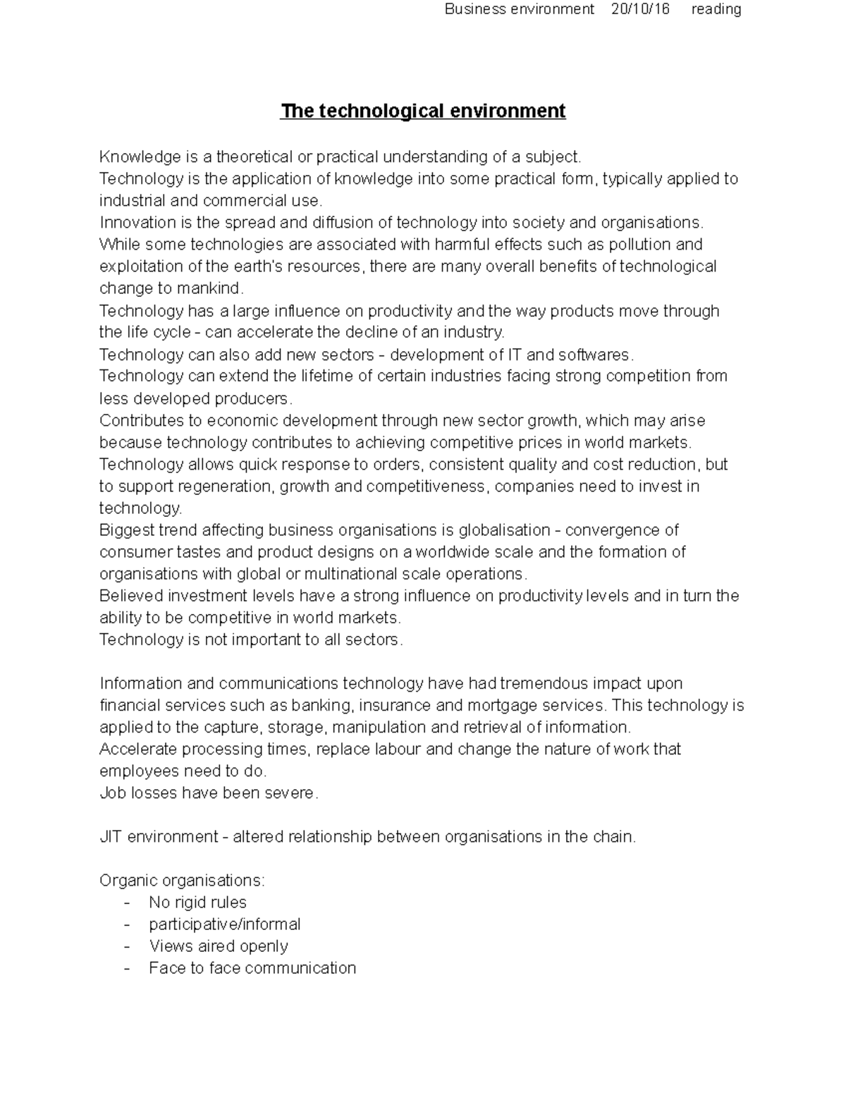 The technological environment - Business environment 20/10/16 reading ...