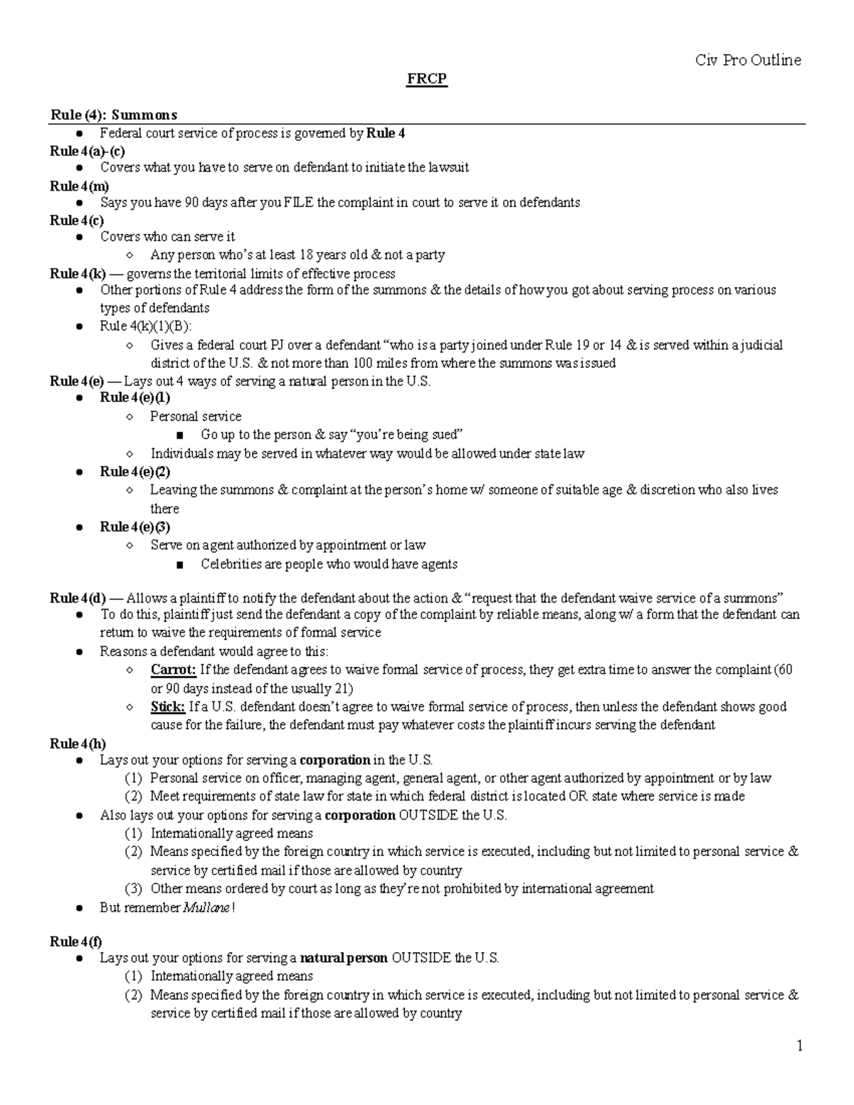 FRCP - FRCP - FRCP Rule (4): Summons Federal court service of process ...