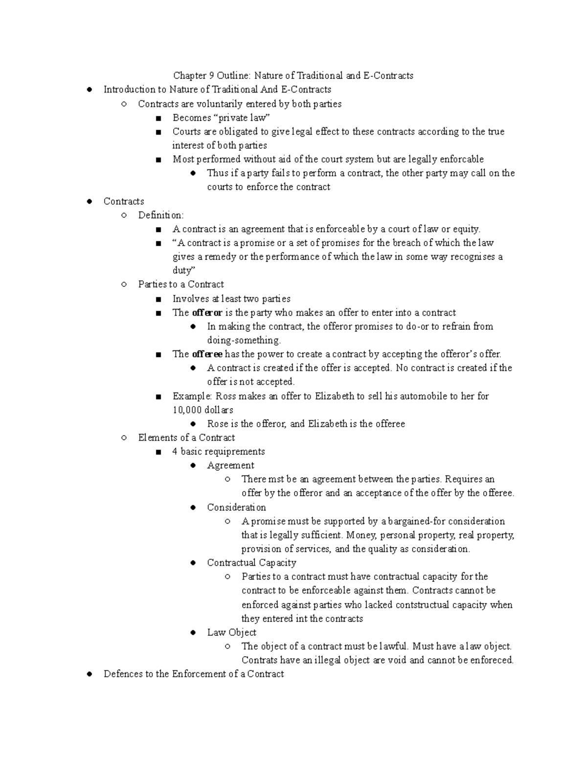 Chapter 9 Nature of Tradiitonal and E-Contracts - Chapter 9 Outline ...