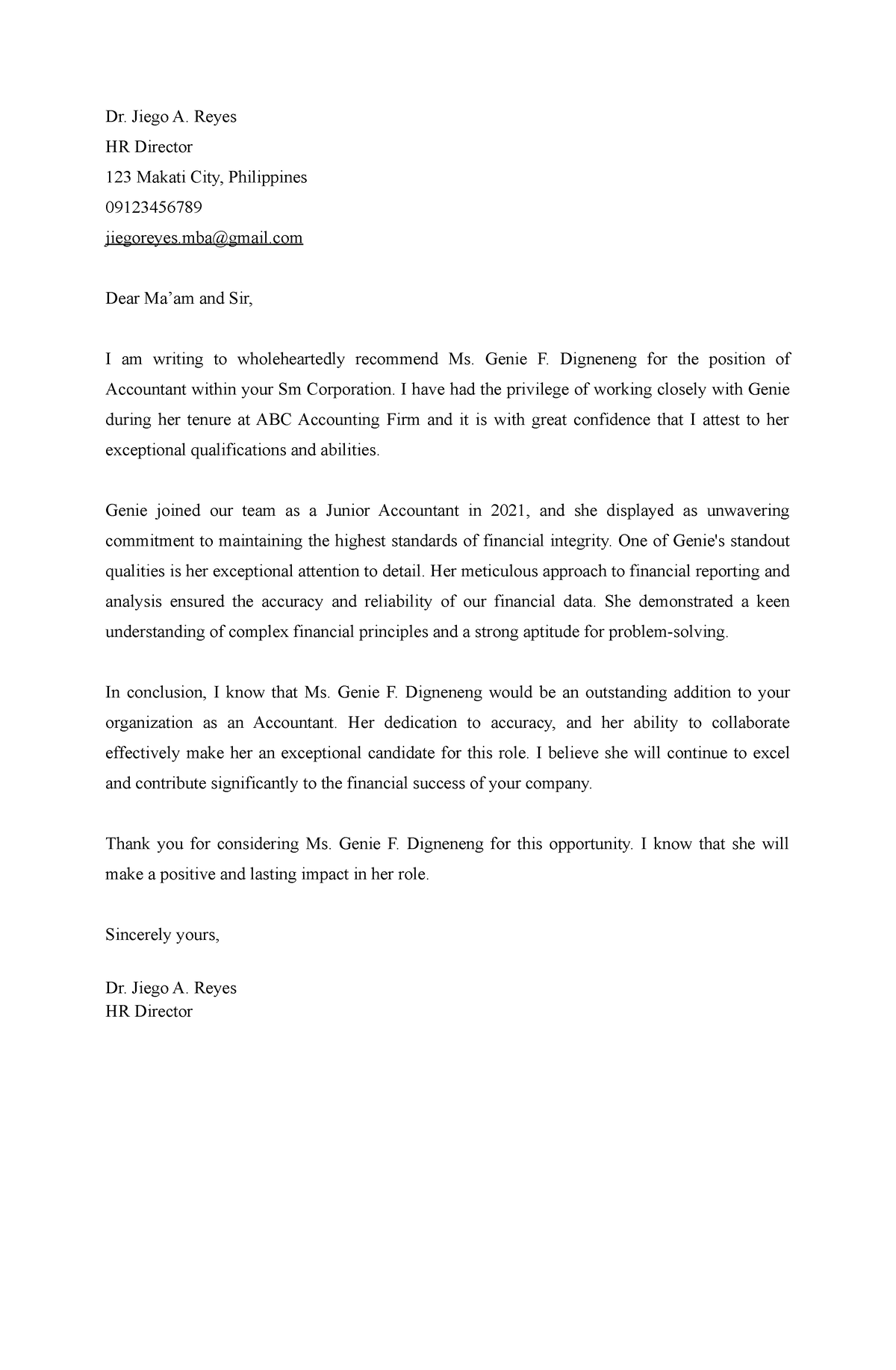 Reco-Letter - Recommendation letter - Dr. Jiego A. Reyes HR Director ...