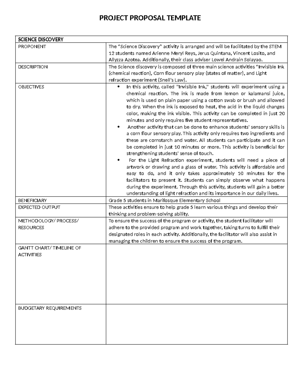 Project- Proposal- Template - SCIENCE DISCOVERY PROPONENT The “Science ...