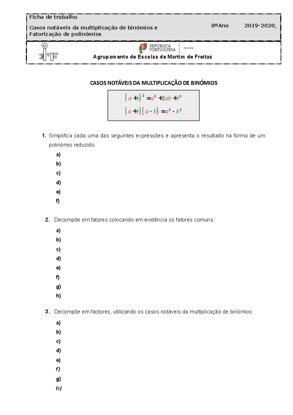 Ficha De Trabalho Casos Notáveis Da Multiplicação De Binómios E