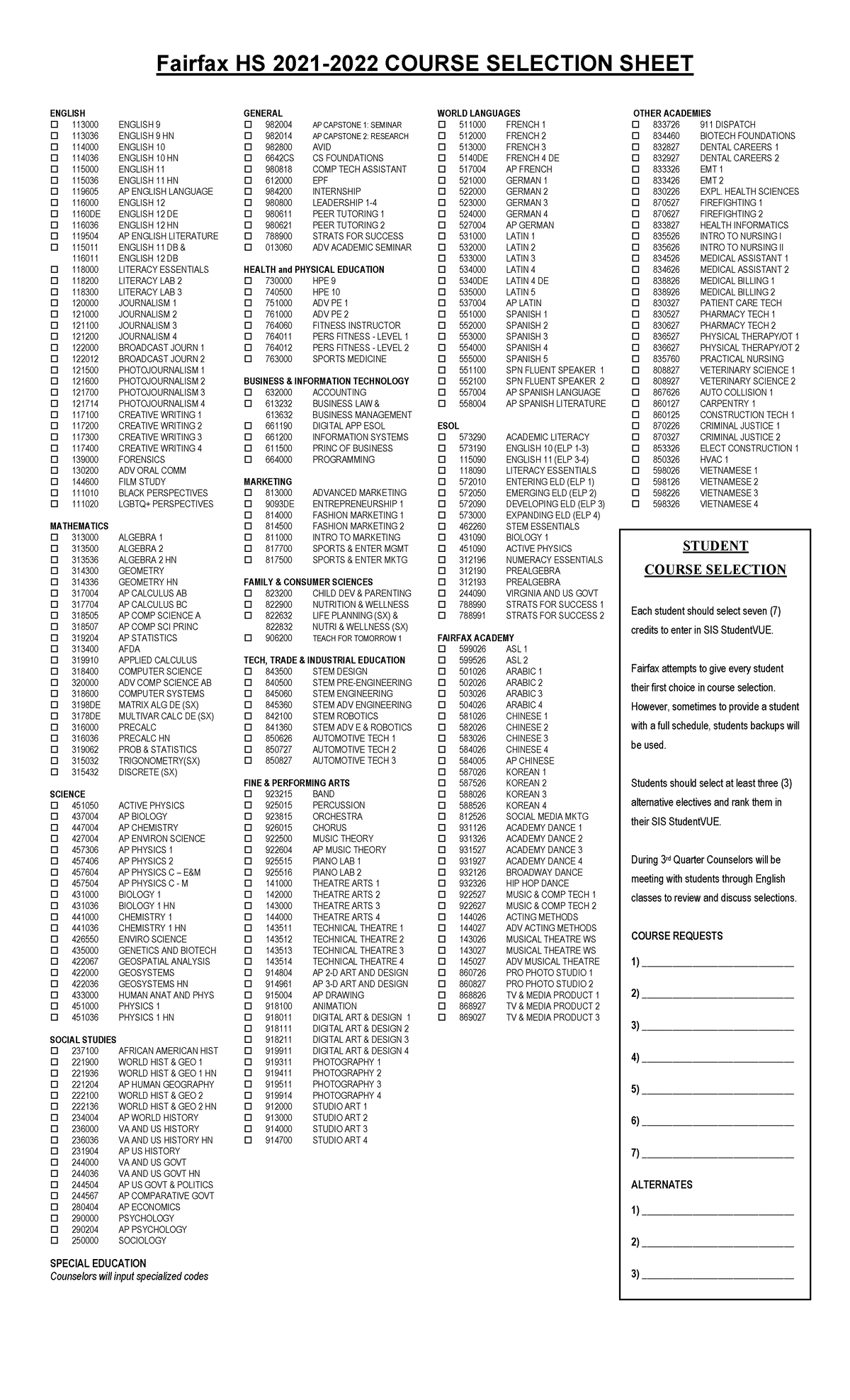Course Selection Sheet 20212022 Fairfax HS 2021 2022 COURSE SELECTION 