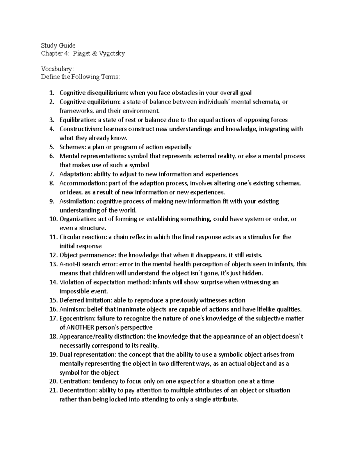Study Guide Piaget vygotsky -Siegler - Study Guide Chapter 4: Piaget ...