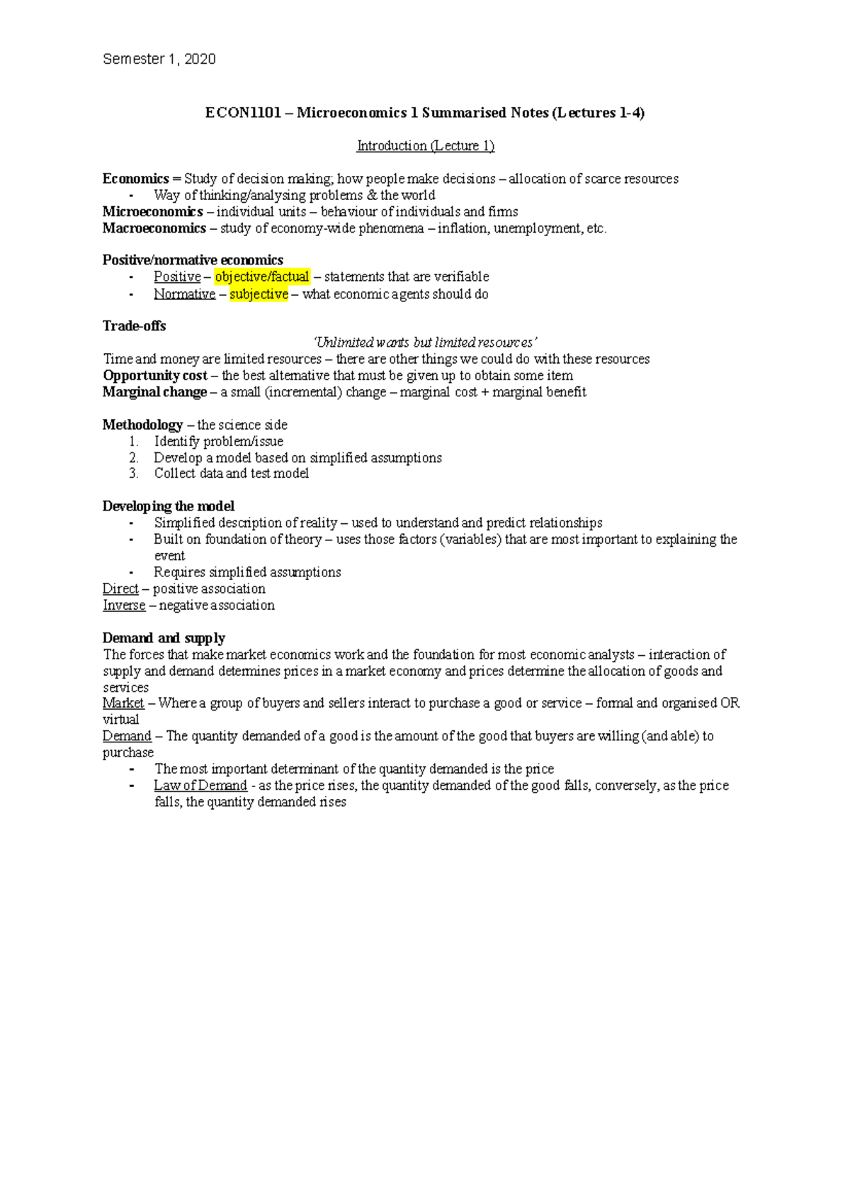 Econ1101 Notes Econ1101 Microeconomics 1 Summarised Notes Lectures