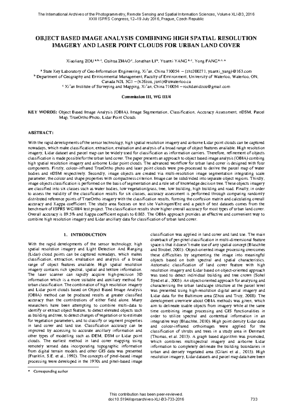 Isprs archives XLI B3 733 2016 - OBJECT BASED IMAGE ANALYSIS COMBINING ...