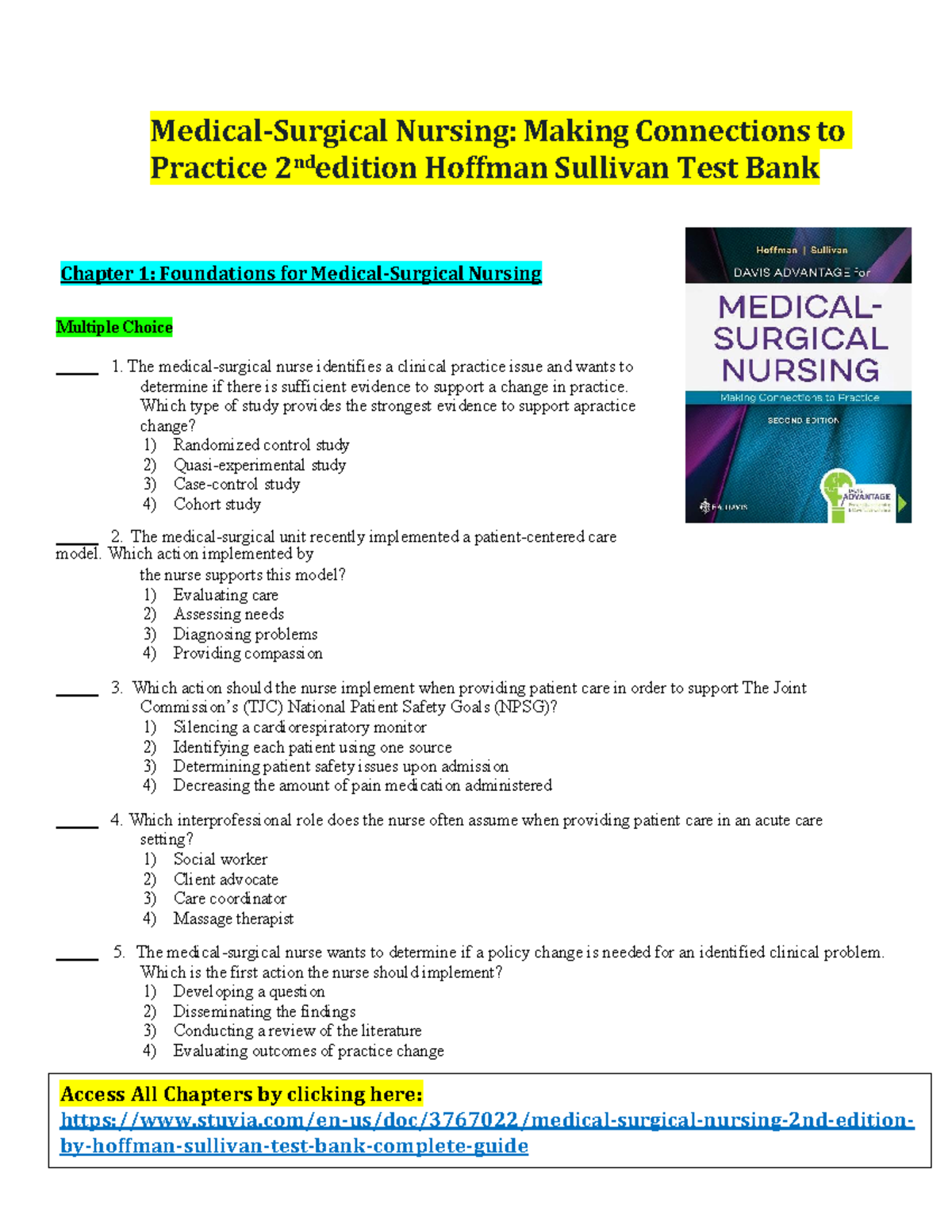 Test Bank Medical-Surgical Nursing 2nd Edition By Hoffman Sullivan ...