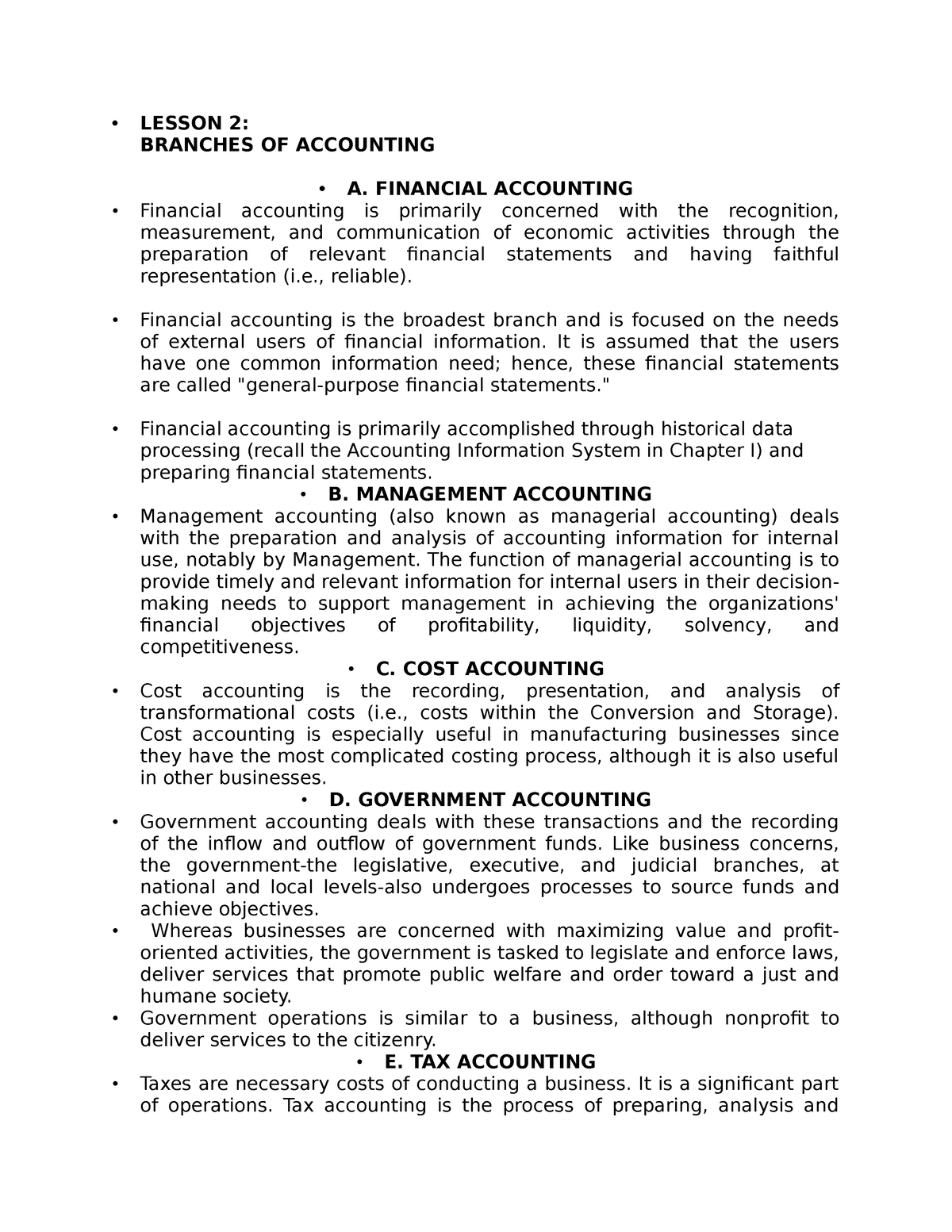 Branches OF Accounting - • LESSON 2: BRANCHES OF ACCOUNTING • A ...