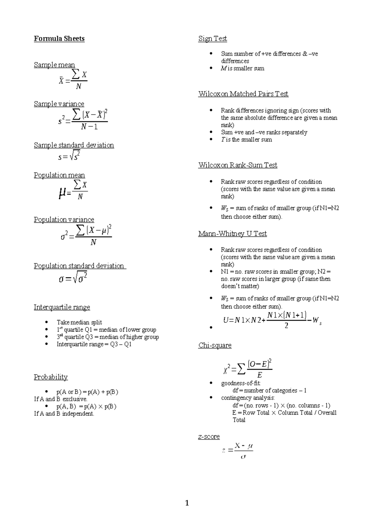 Formula Sheet PS1018 - Formula Sheets Sample mean X ̄ = ####### ∑ X N ...