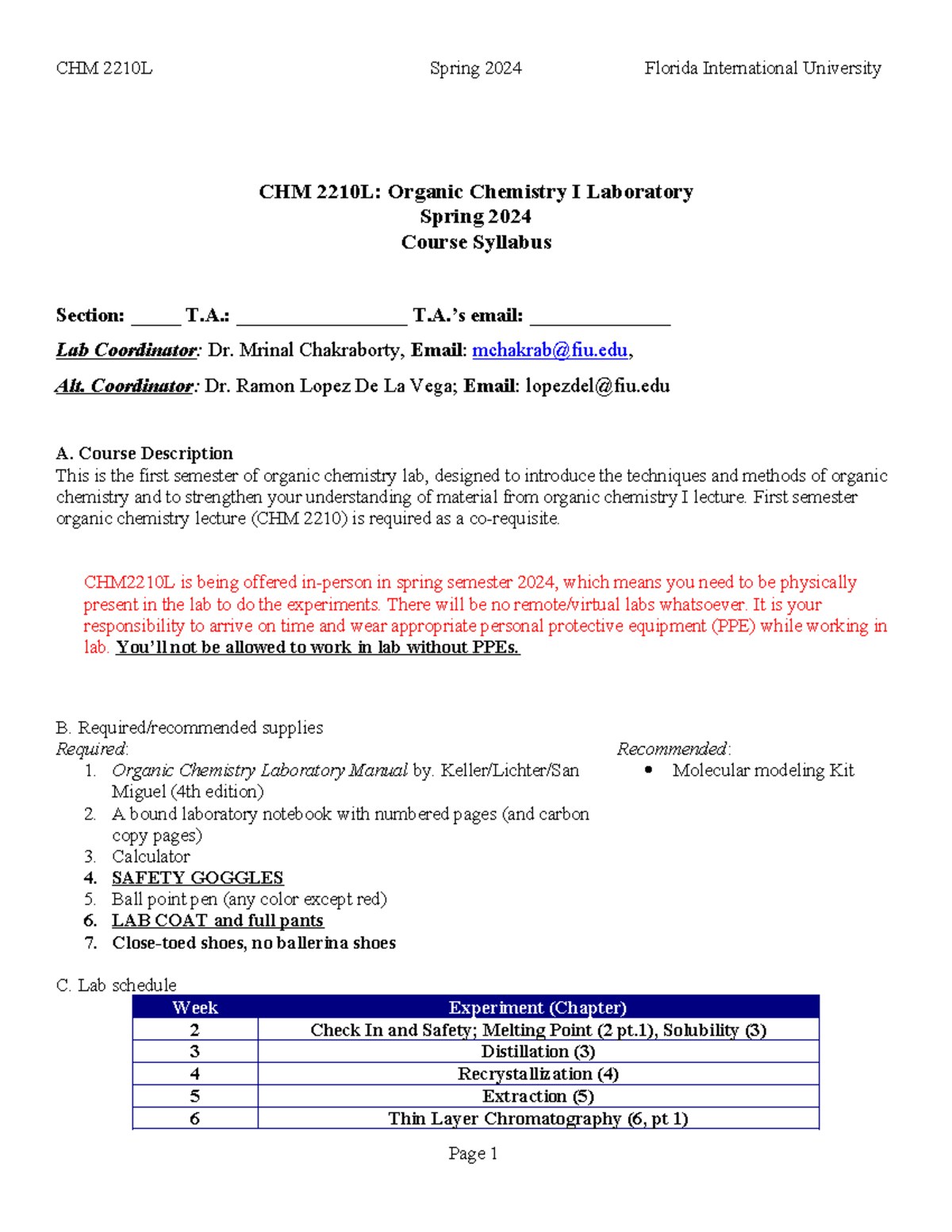 CHM2210L Syllabus Spring 2024 - CHM 2210L: Organic Chemistry I ...