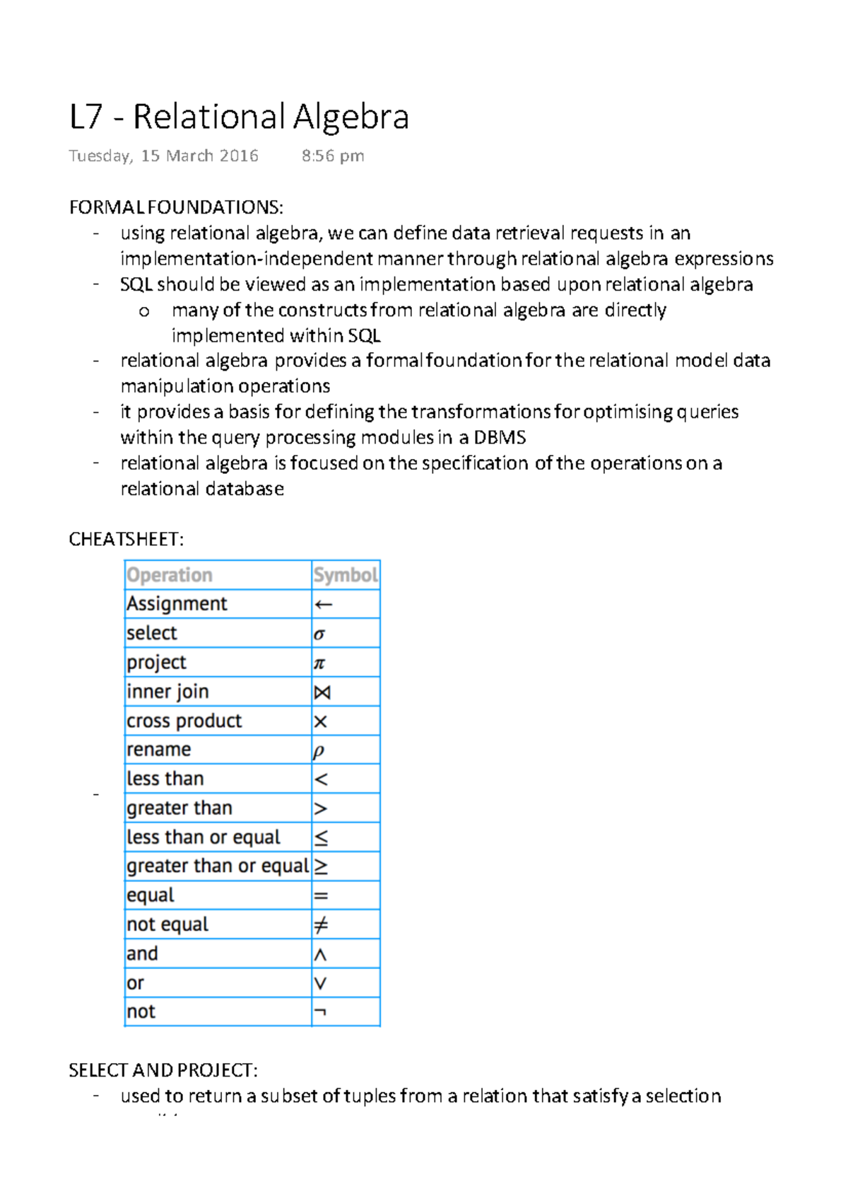 L7 - Relational Algebra - L7 - Relational Algebra Tuesday, 15 March ...