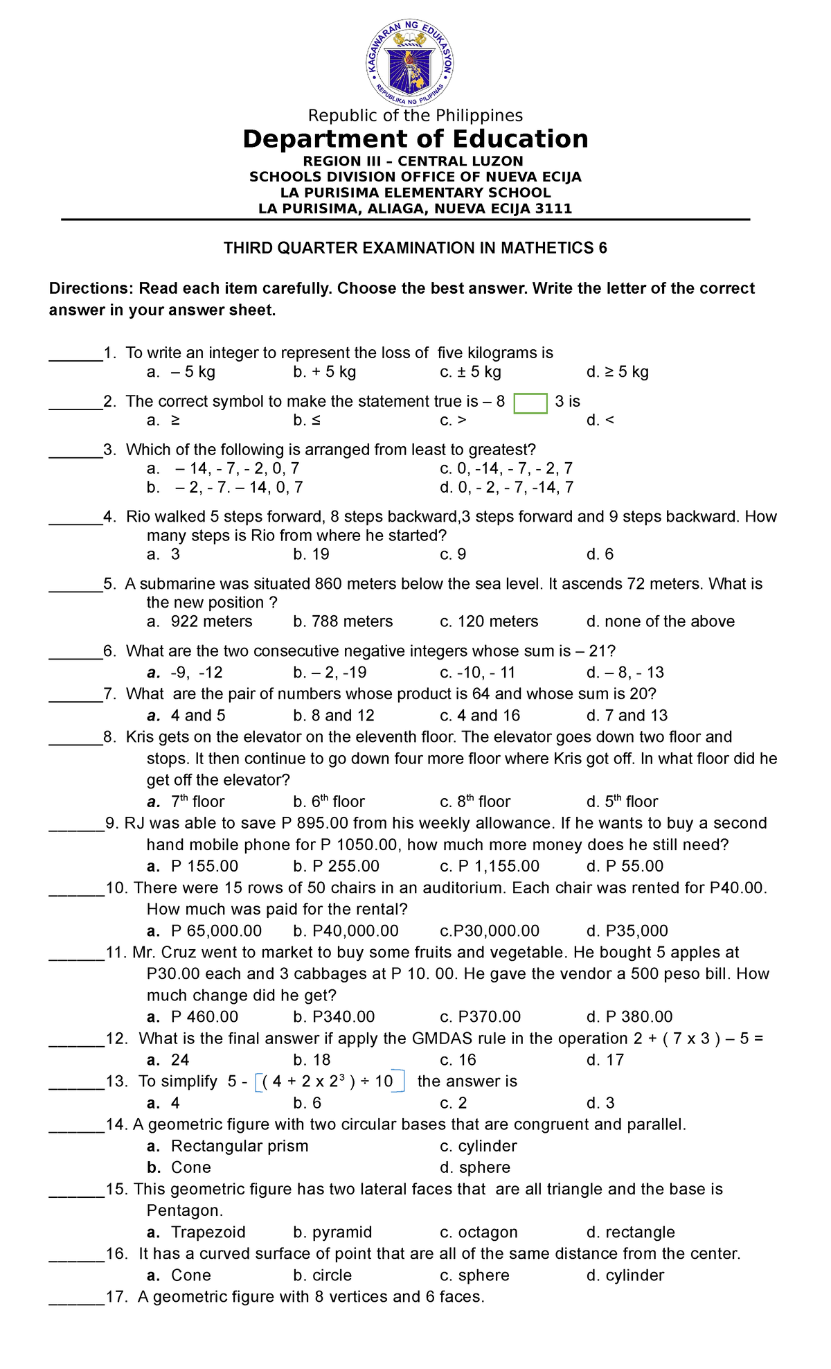 3RD PT MATH 6 - Periodical Test - Republic Of The Philippines ...