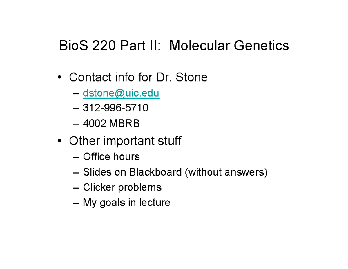 Chapter 7 - Lecture notes 7 - BioS 220 Part II: Molecular Genetics ...