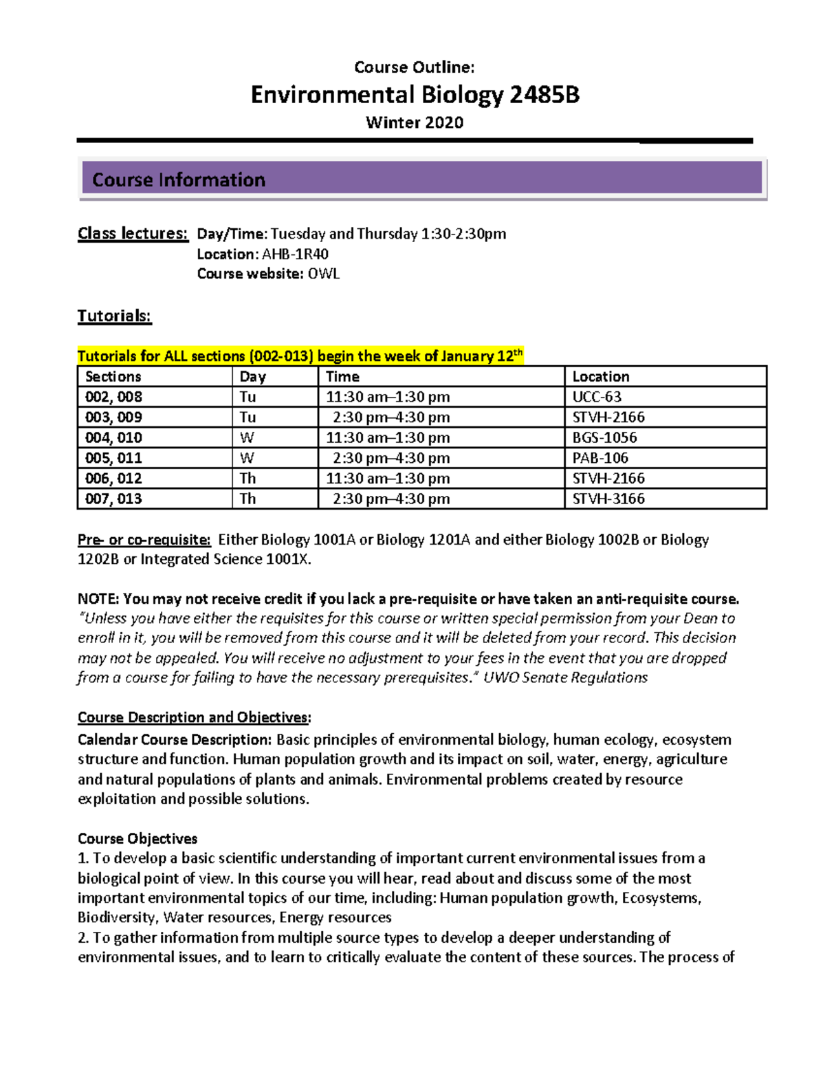 2020 Biology 2485B Course Outline - Course Outline: Environmental ...