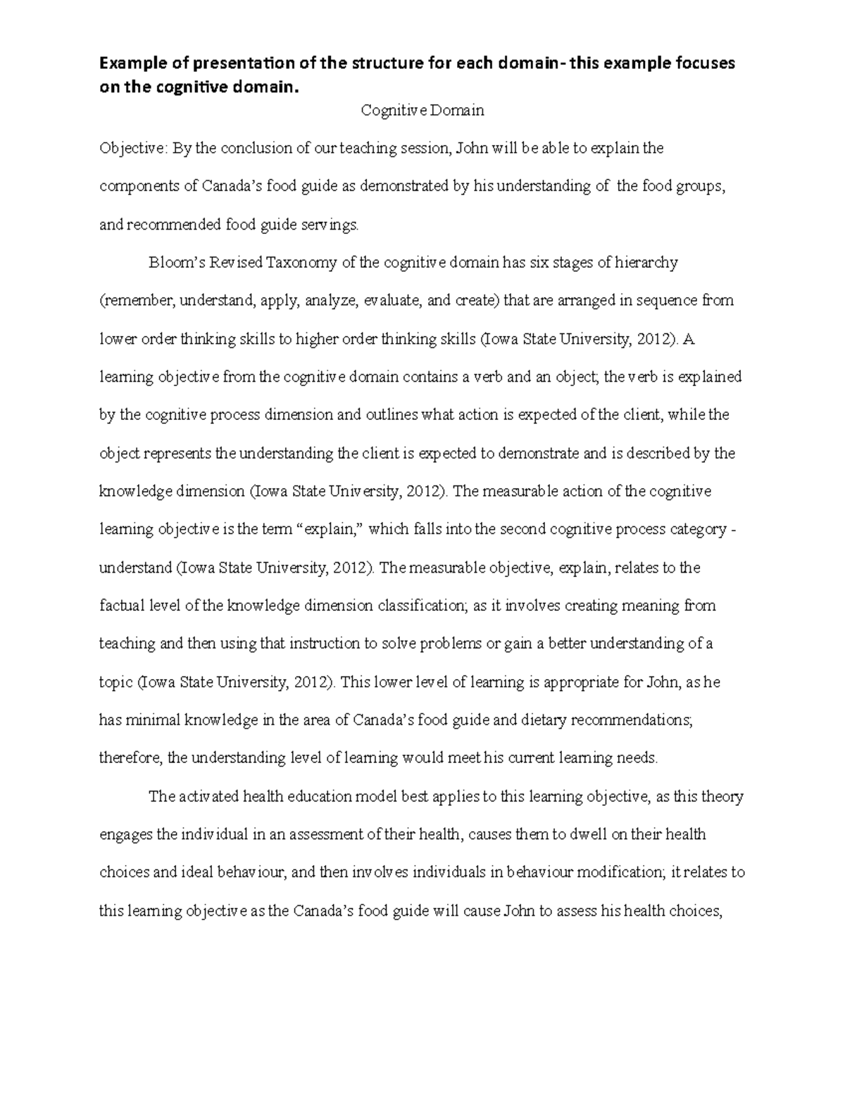 Cognitive Domain example-2 - Example of presentation of the structure ...