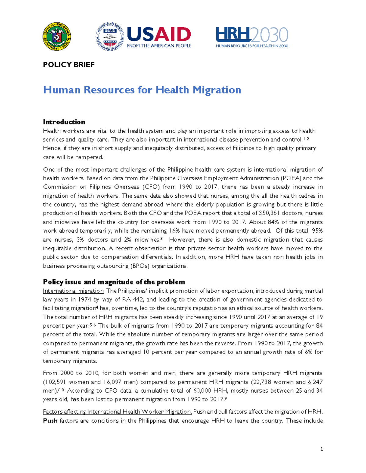 RRL supplementary - POLICY BRIEF Human Resources for Health Migration ...