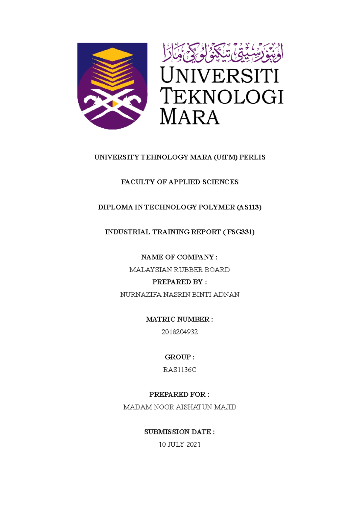 Industrial Training Report - Nurnazifa Nasrin Binti Adnan - UNIVERSITY ...