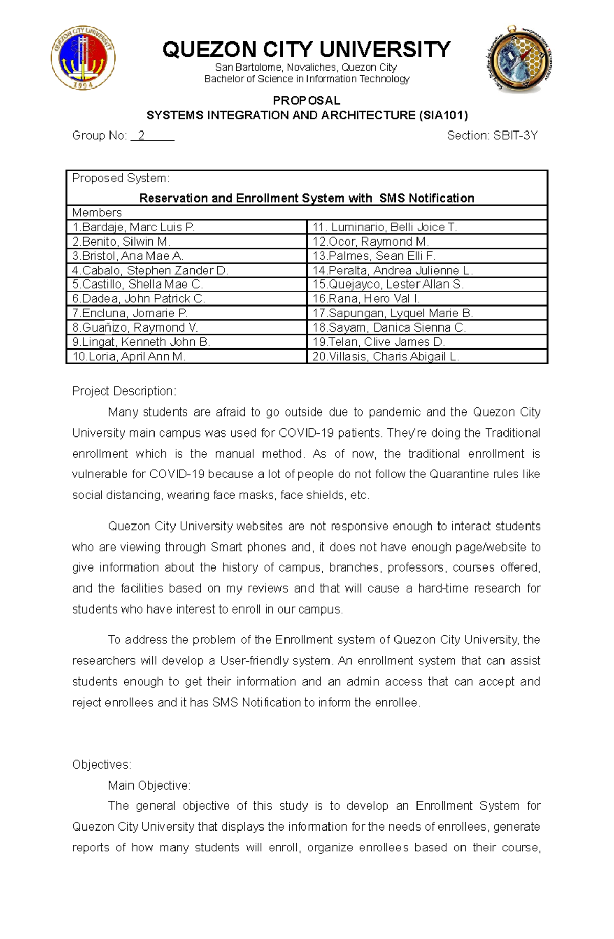 Enrollment System Proposal SB IT3 Y Group 2 - QUEZON CITY UNIVERSITY ...