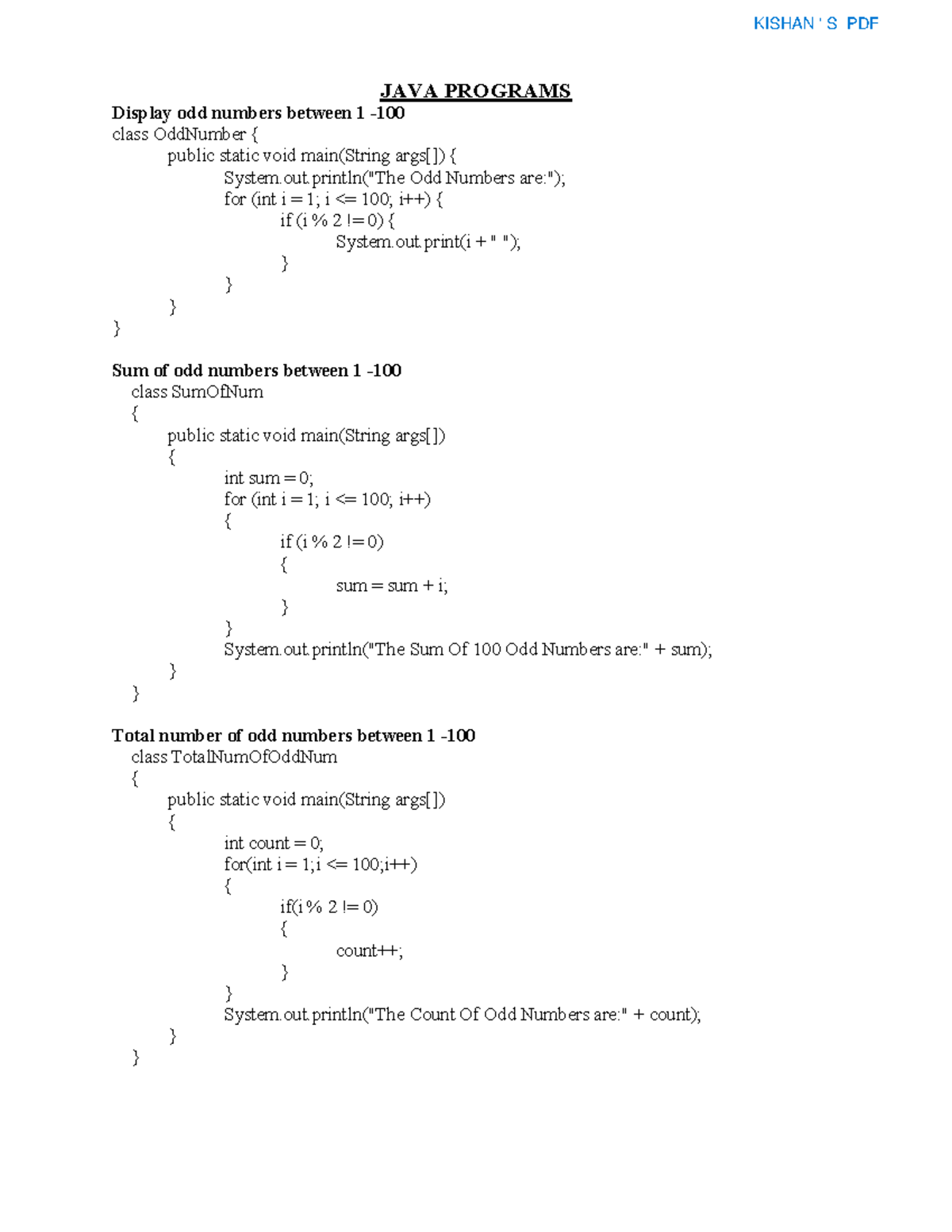 Javaprograms - Najhbvjhb - JAVA PROGRAMS Display odd numbers between 1 ...
