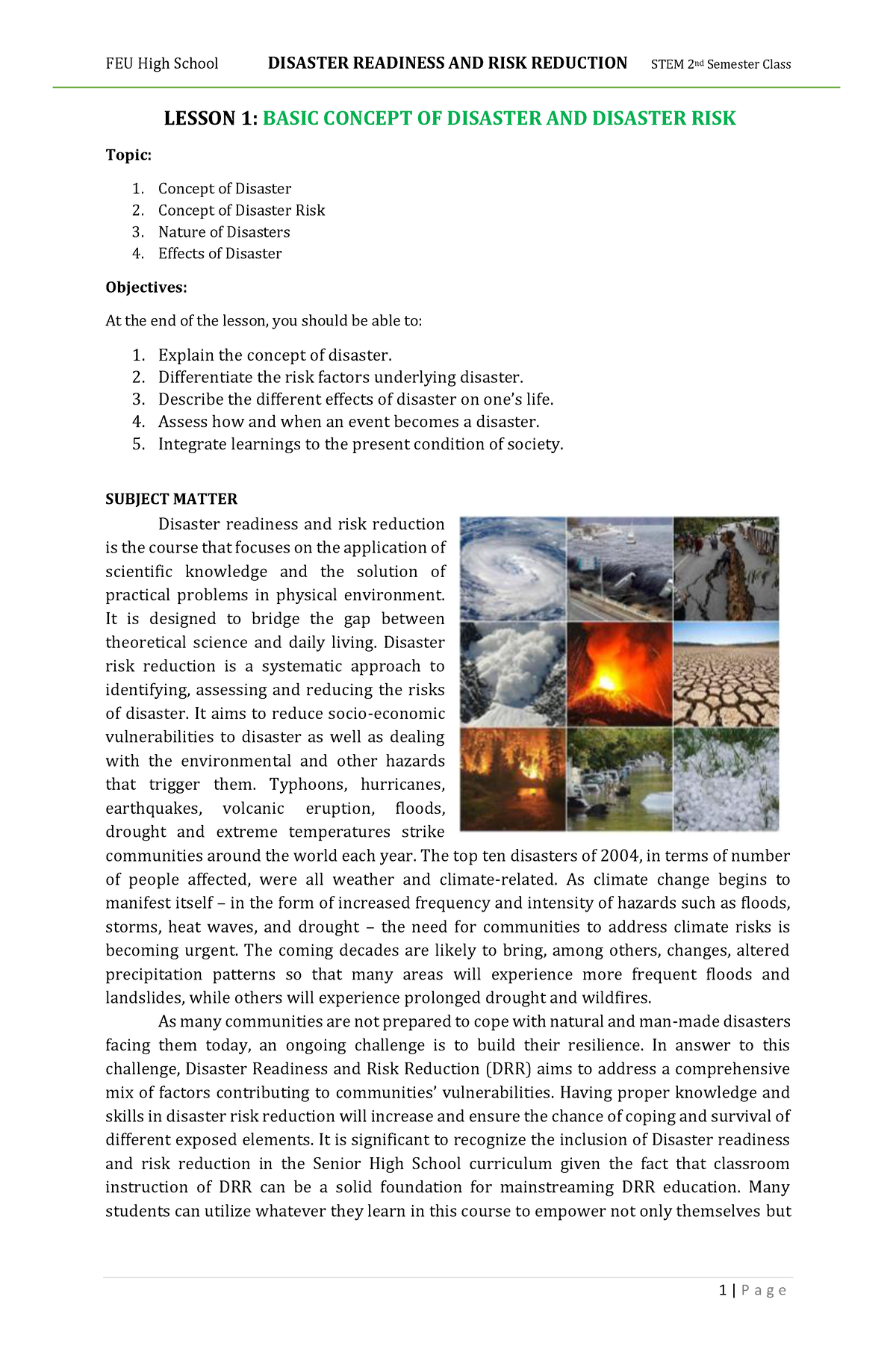 DRR- Lesson 1- Basic Concept OF Disaster AND Diasaster RISK - LESSON 1 ...