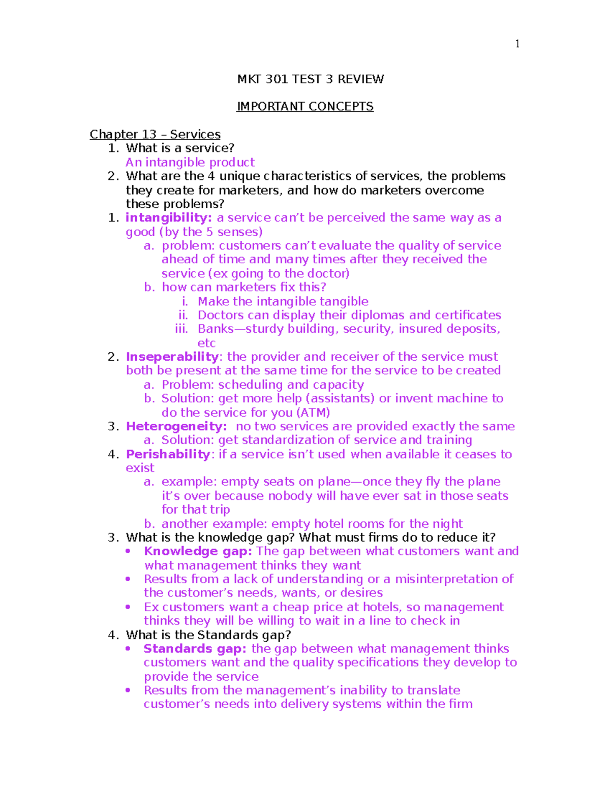 Test 3 Review Answers - 1 MKT 301 TEST 3 REVIEW IMPORTANT CONCEPTS ...