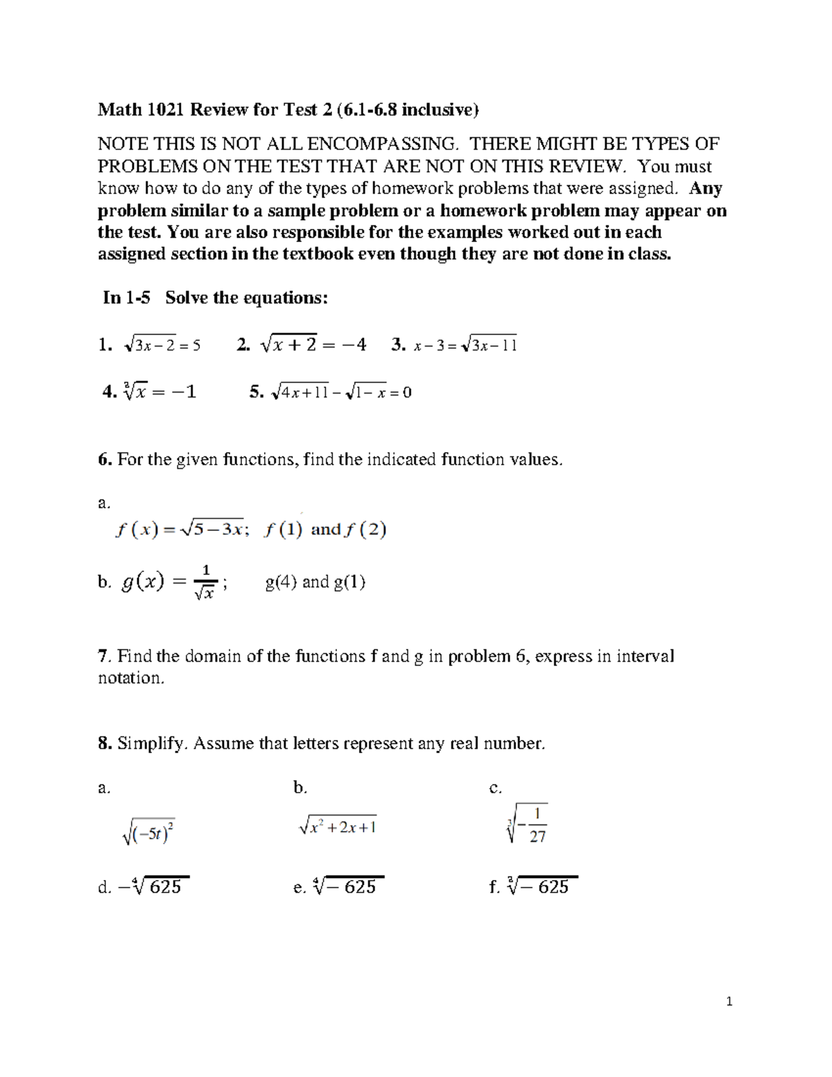 Math 1021 Test 2 Review - 1 Math 1021 Review for Test 2 (6-6. 8 ...