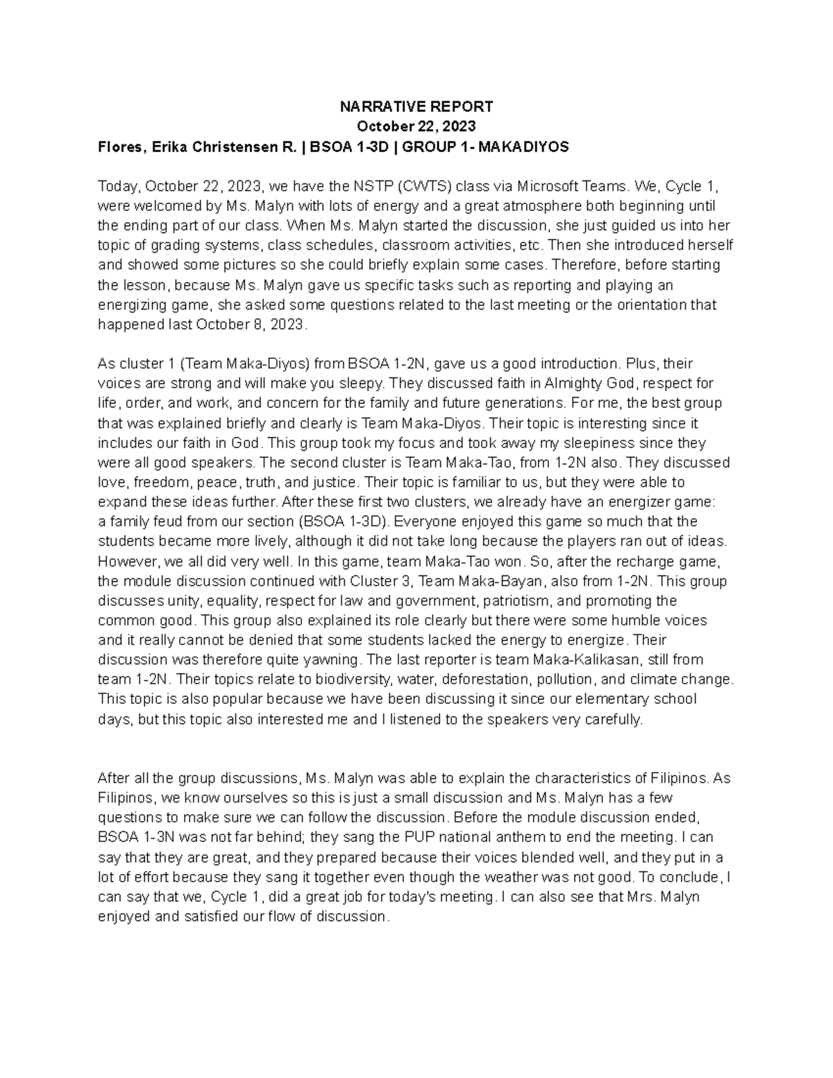 NARRATIVE REPORT - NARRATIVE REPORT October 22, 2023 Flores, Erika ...