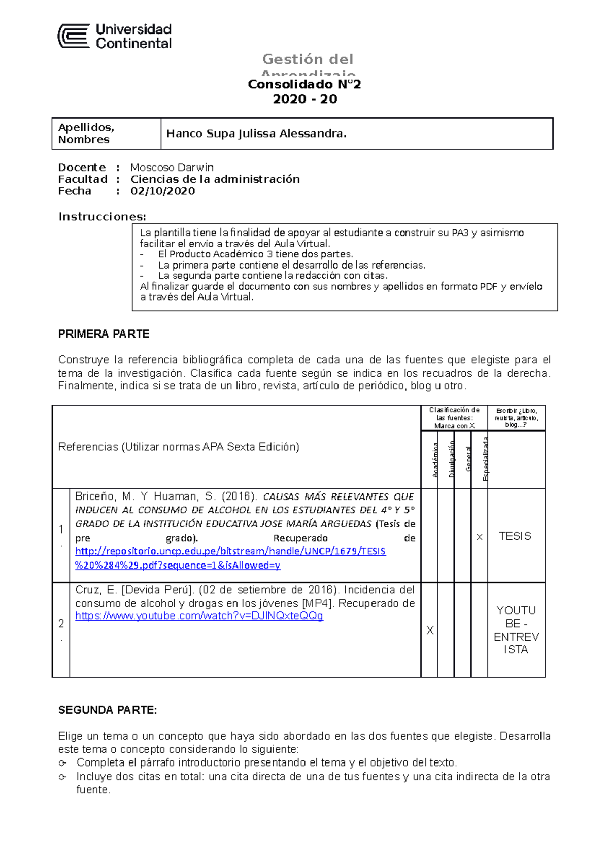 Consolidado N°2 - GQT - Consolidado N° 2020 - 20 Apellidos, Nombres ...