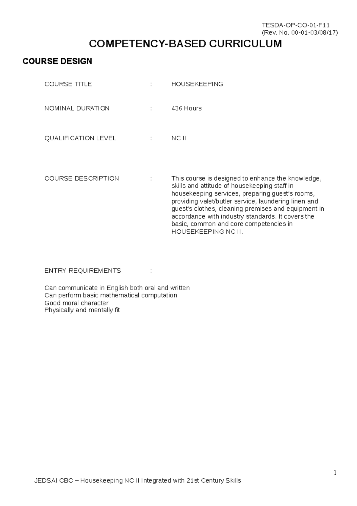 Cbc housekeeping nc ii COMPETENCYBASED CURRICULUM COURSE DESIGN