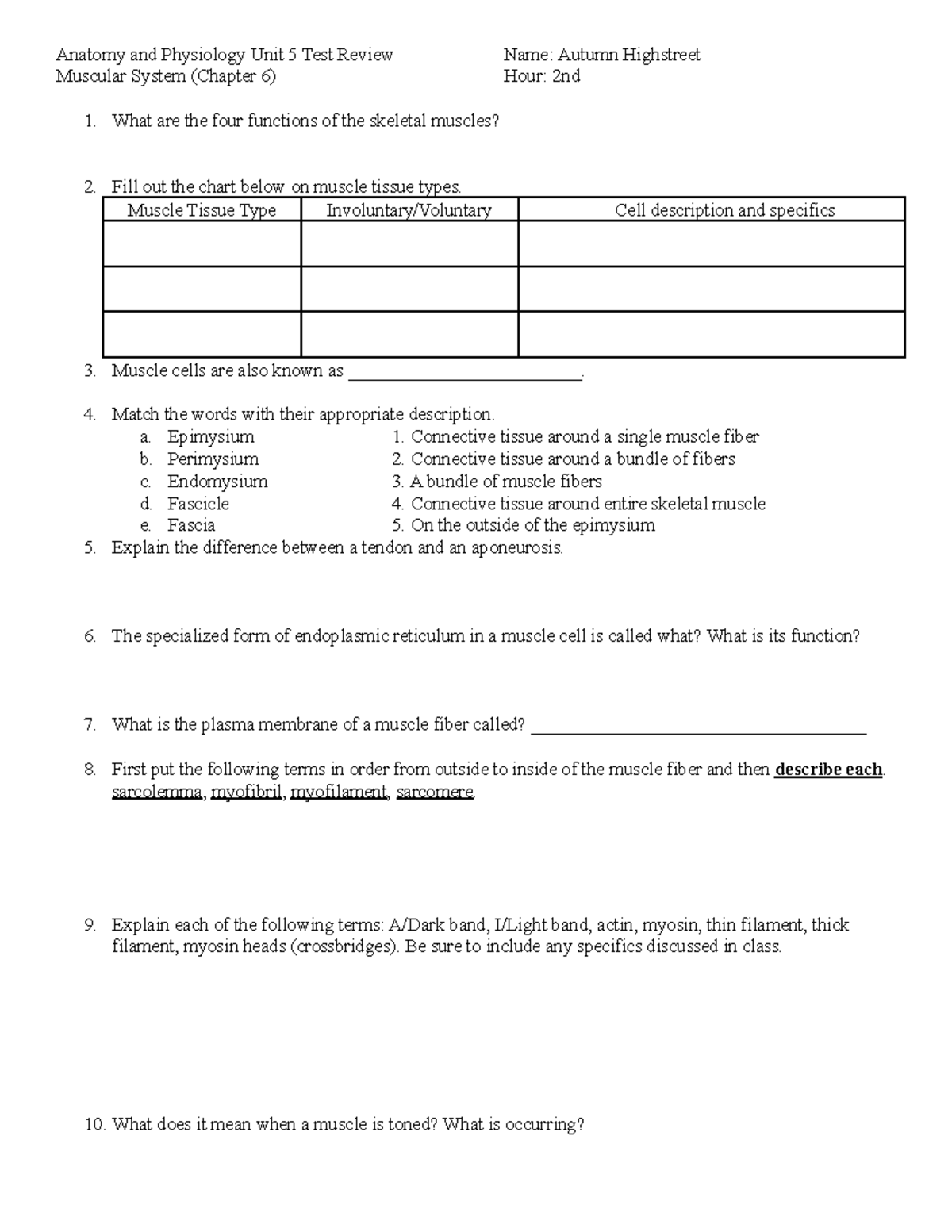 Copy of Anatomy Unit 5 Review Sheet (2014 ) - Anatomy and Physiology ...