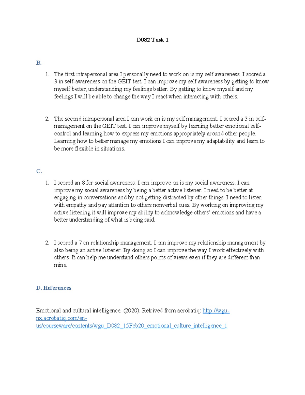 D082 Task 1 - D082 Task 1 Emotional And Cultural Intelligence ***PASSED ...