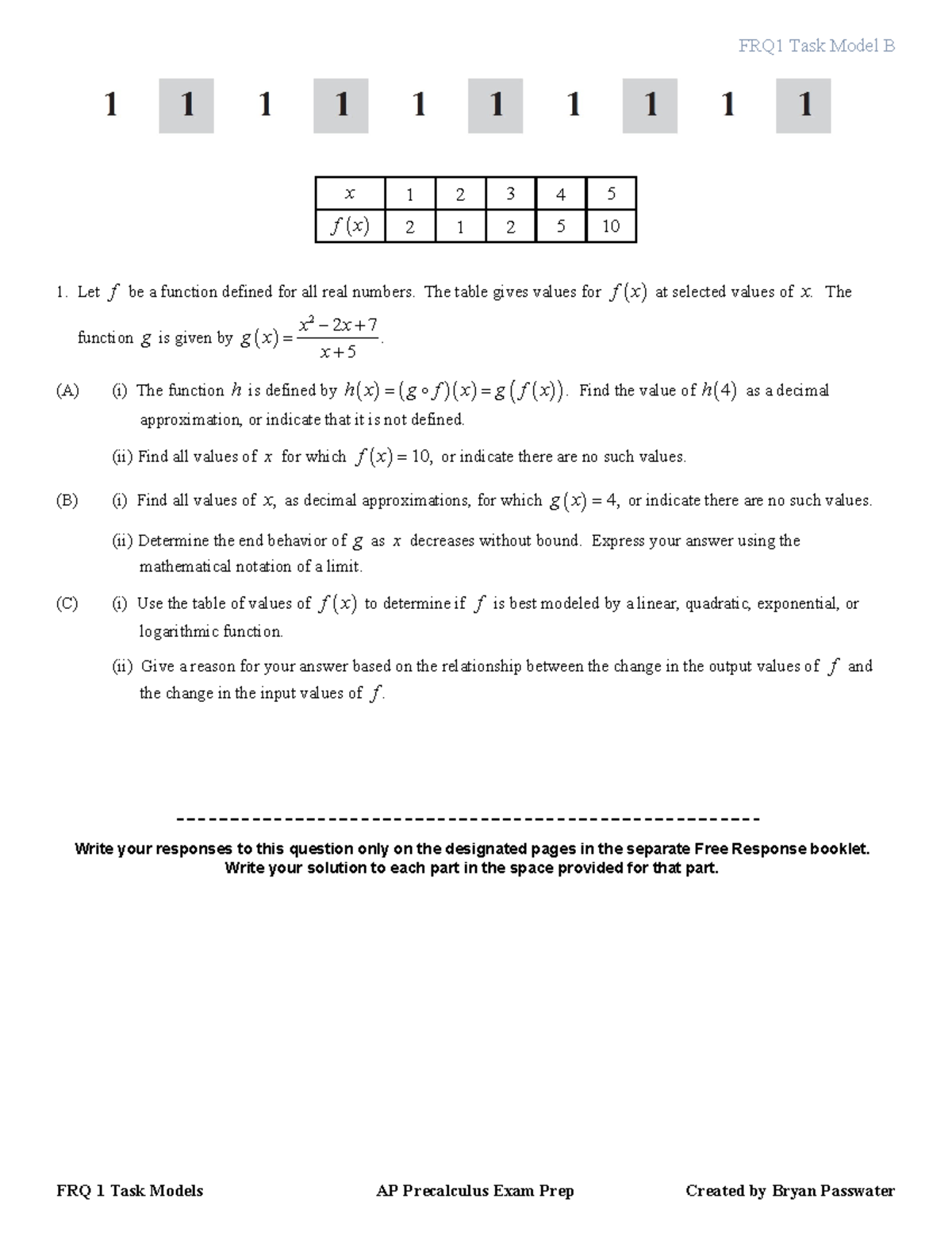 FRQ 1B FRQ1 Task Model B FRQ 1 Task Models AP Precalculus Exam Prep