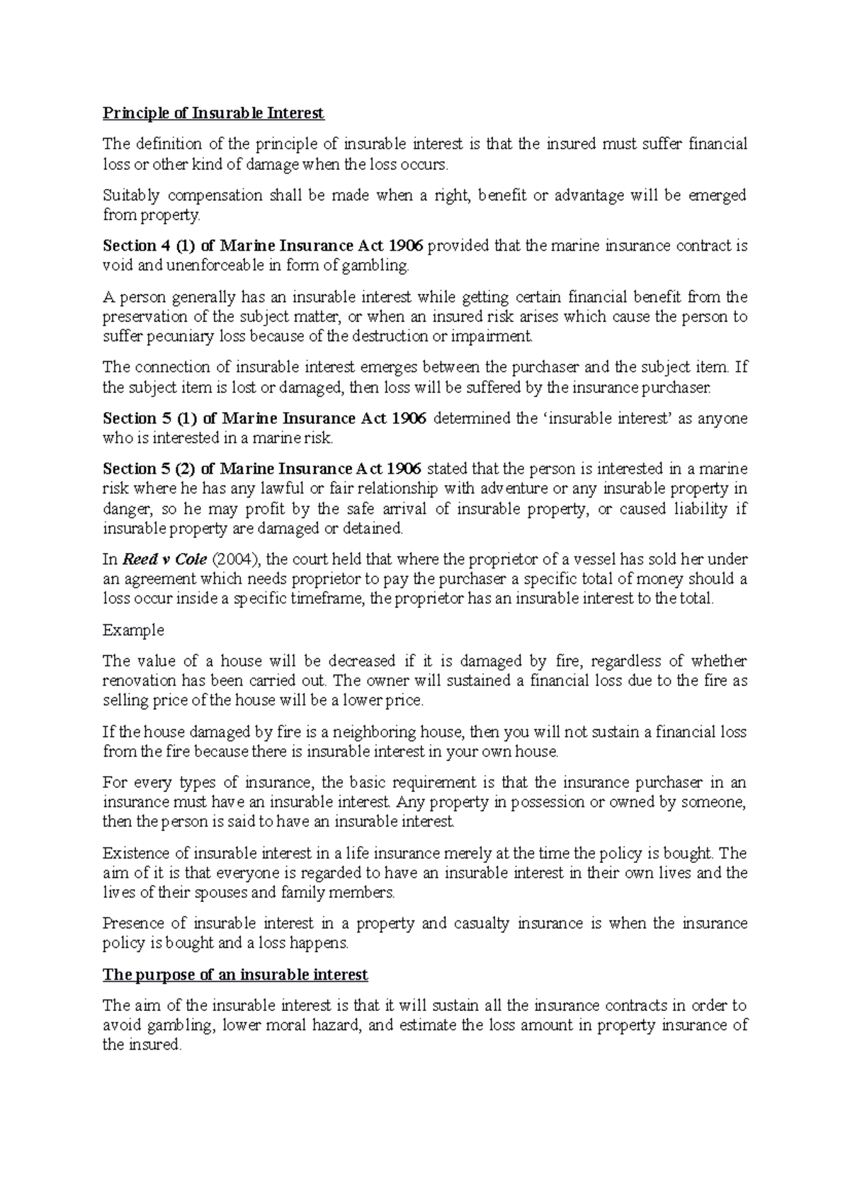 Chapter 7 Maritime Insurance - Principle of Insurable Interest The ...