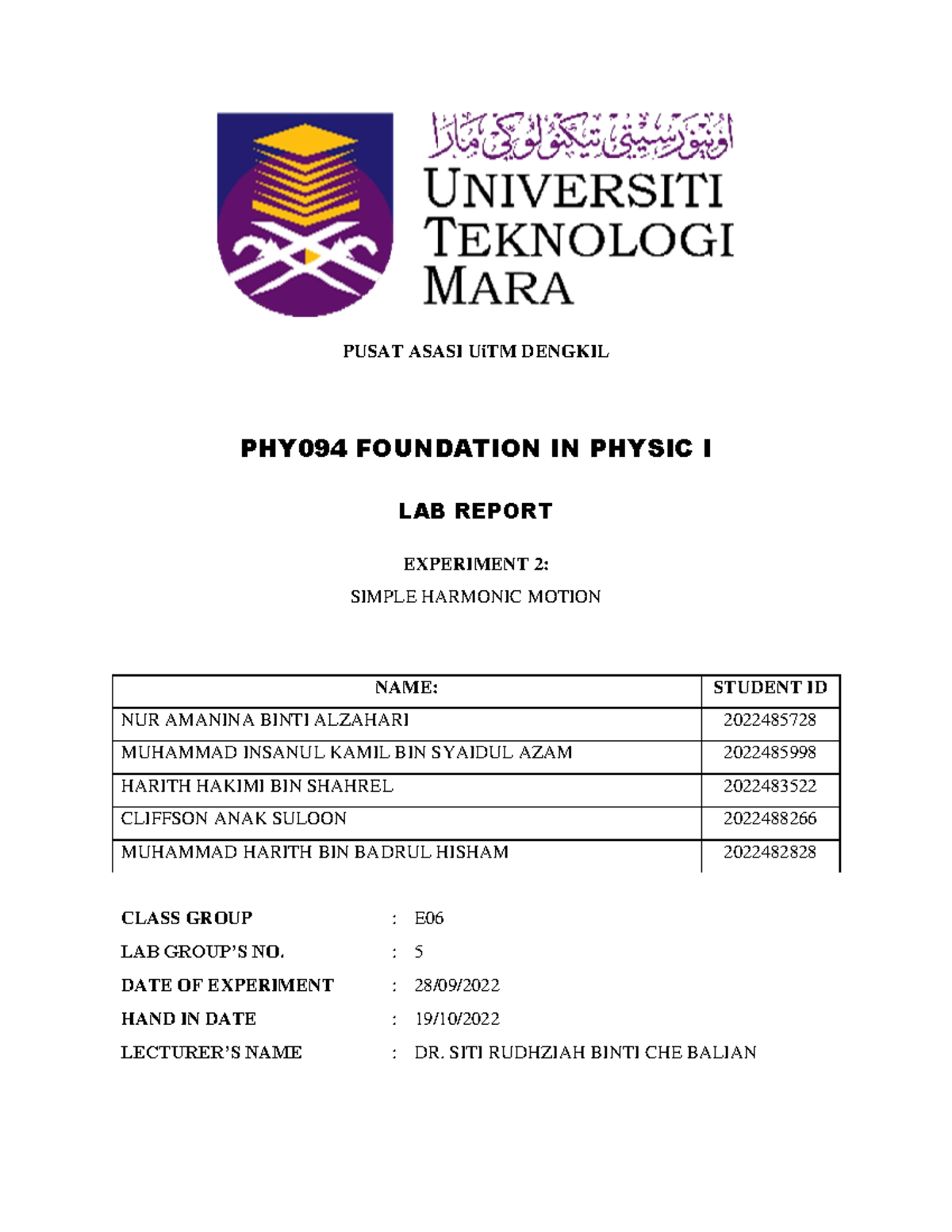 Simple Harmonic Motion'S LAB Report - PUSAT ASASI UiTM DENGKIL PHY094 ...